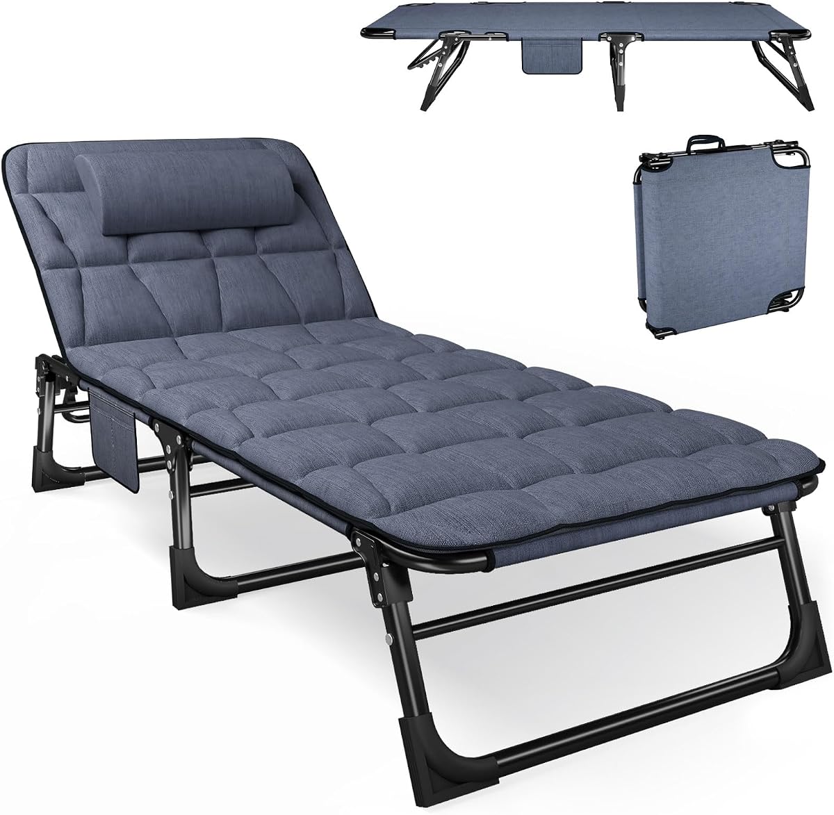 ATORPOK Folding Camping Cot for Adults, Chaise Lounge Chair with Pad | 450lbs Heavy Duty Support; Adjustable Reclining Backrest; Soft Padded Mattress with Pillow; Camping Beach Garden Travel