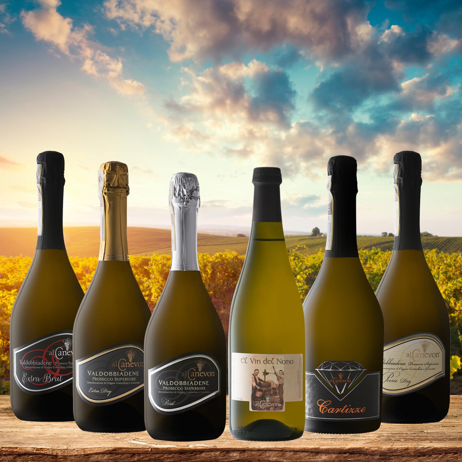 Al Canevon Box Degustazione Vini Veneti Premium – 6 Bottiglie con Prosecco Superiore DOCG, Cartizze DOCG e Vino Bianco – Idea Regalo (6x750ml)