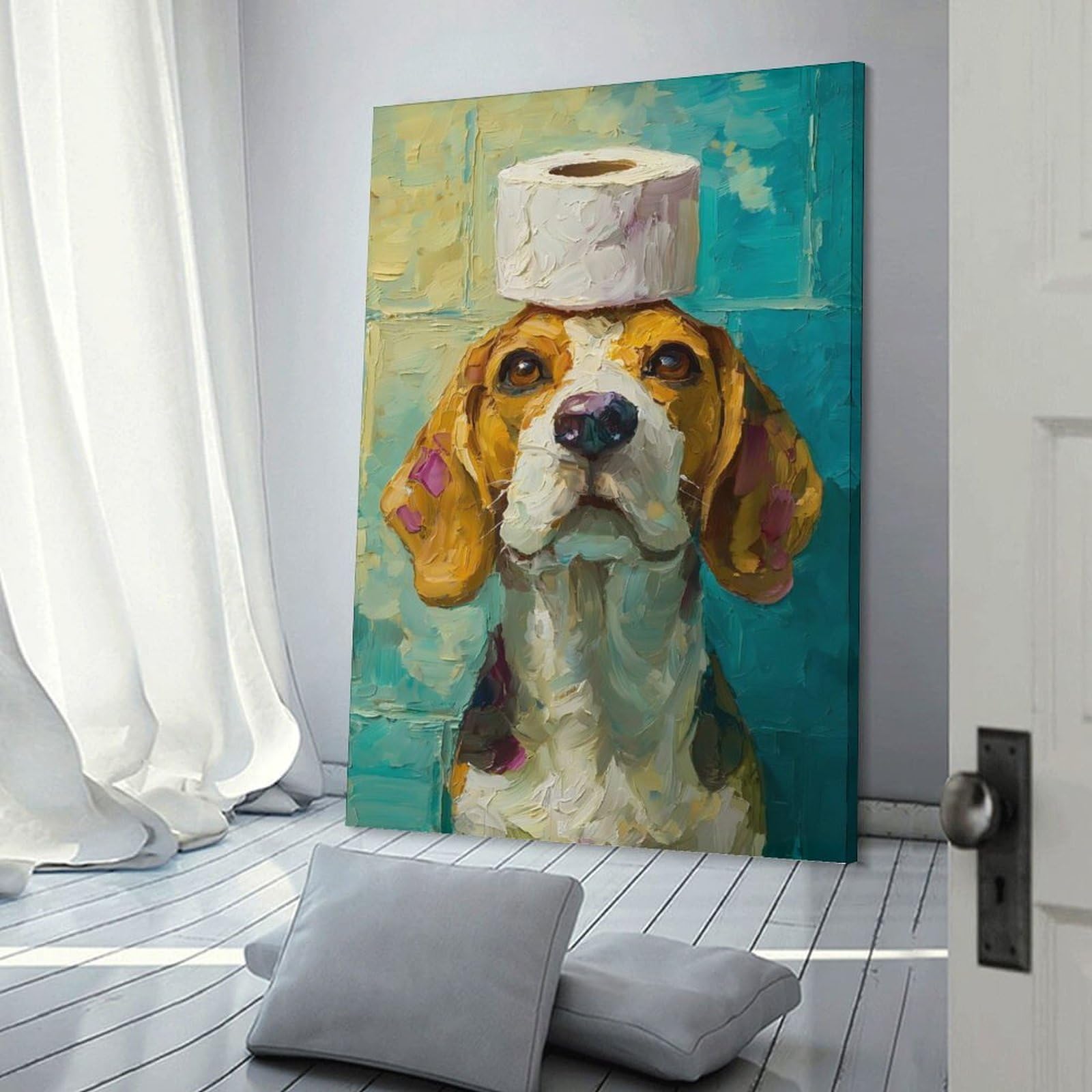 Junmoney Frame-Style-18 Beagle With Toilet Paper Crown Wall Decor Canvas Print, 20X30inch(50X75cm), For Living Room, Lounge Or Sitting Room, Easy Decor For Gallery Walls