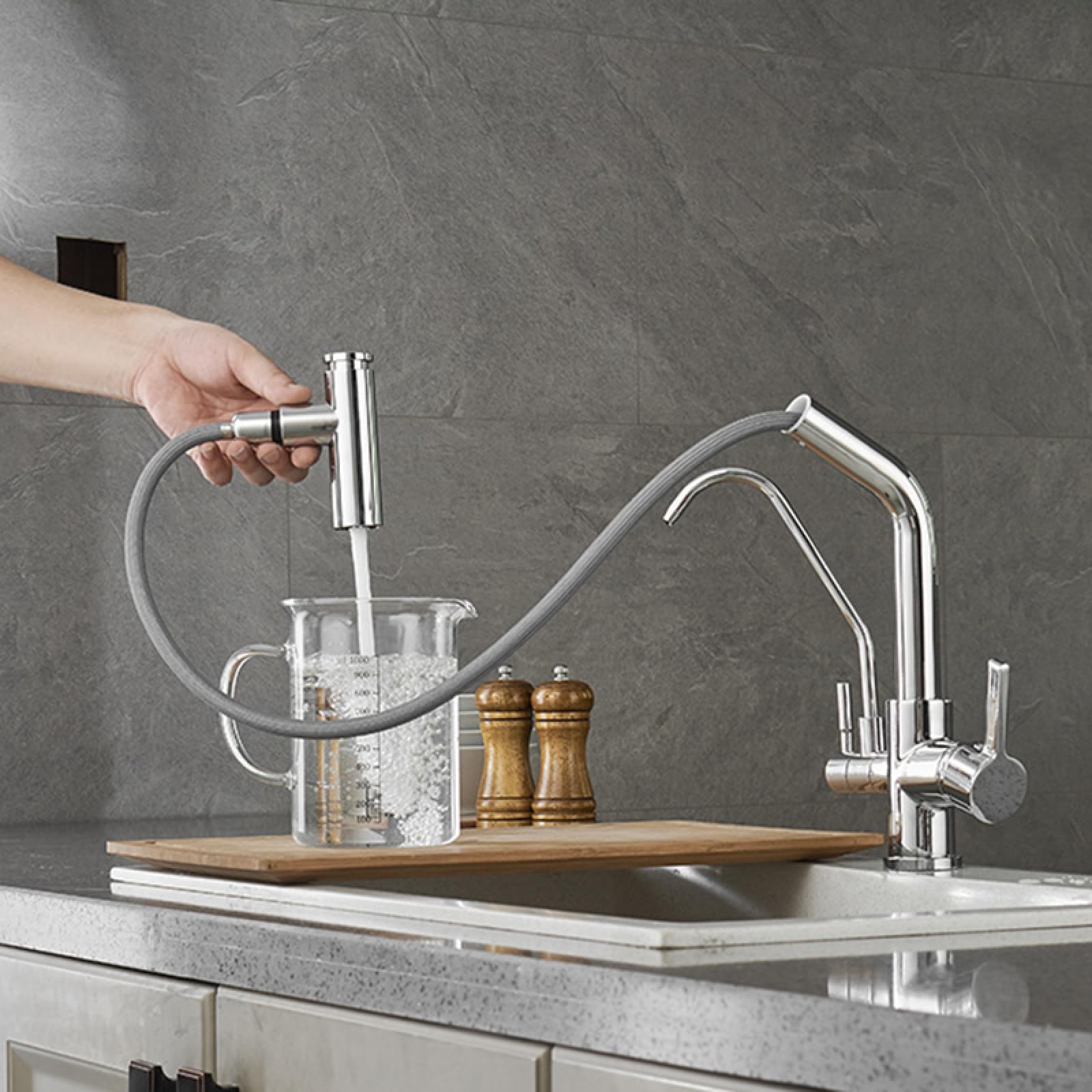 Robinet Cuisine 3 Voies avec Douchette Extractible Chromé Robinet Evier de Cuisine Laiton-Chromé