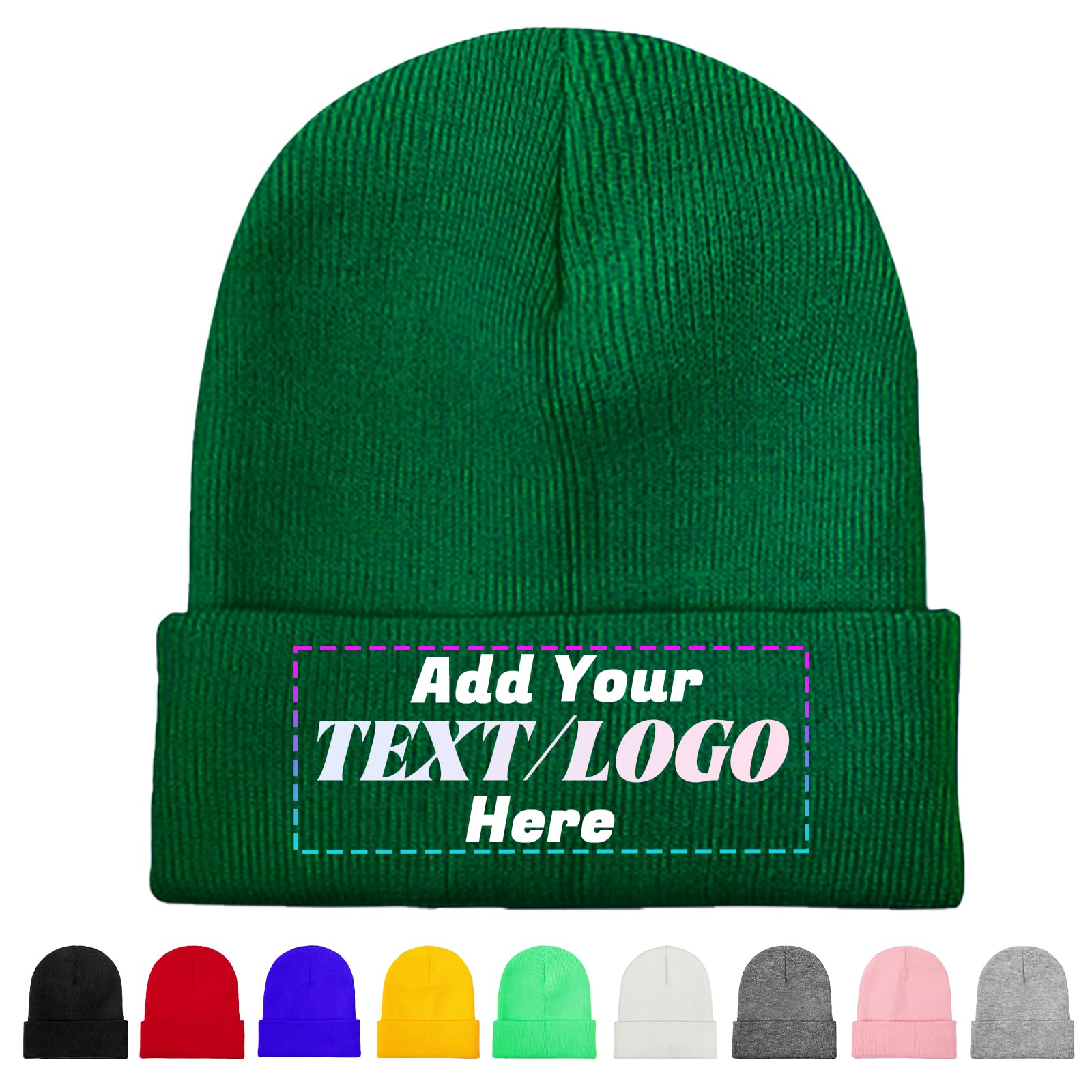 Personalised Beanie Hat, Custom Beanie with Text Logo Image, Custom Men's Skullies & Beanies, Skull Cap Winter Warm Hat for Men (UK, Alpha, One Size, Green)