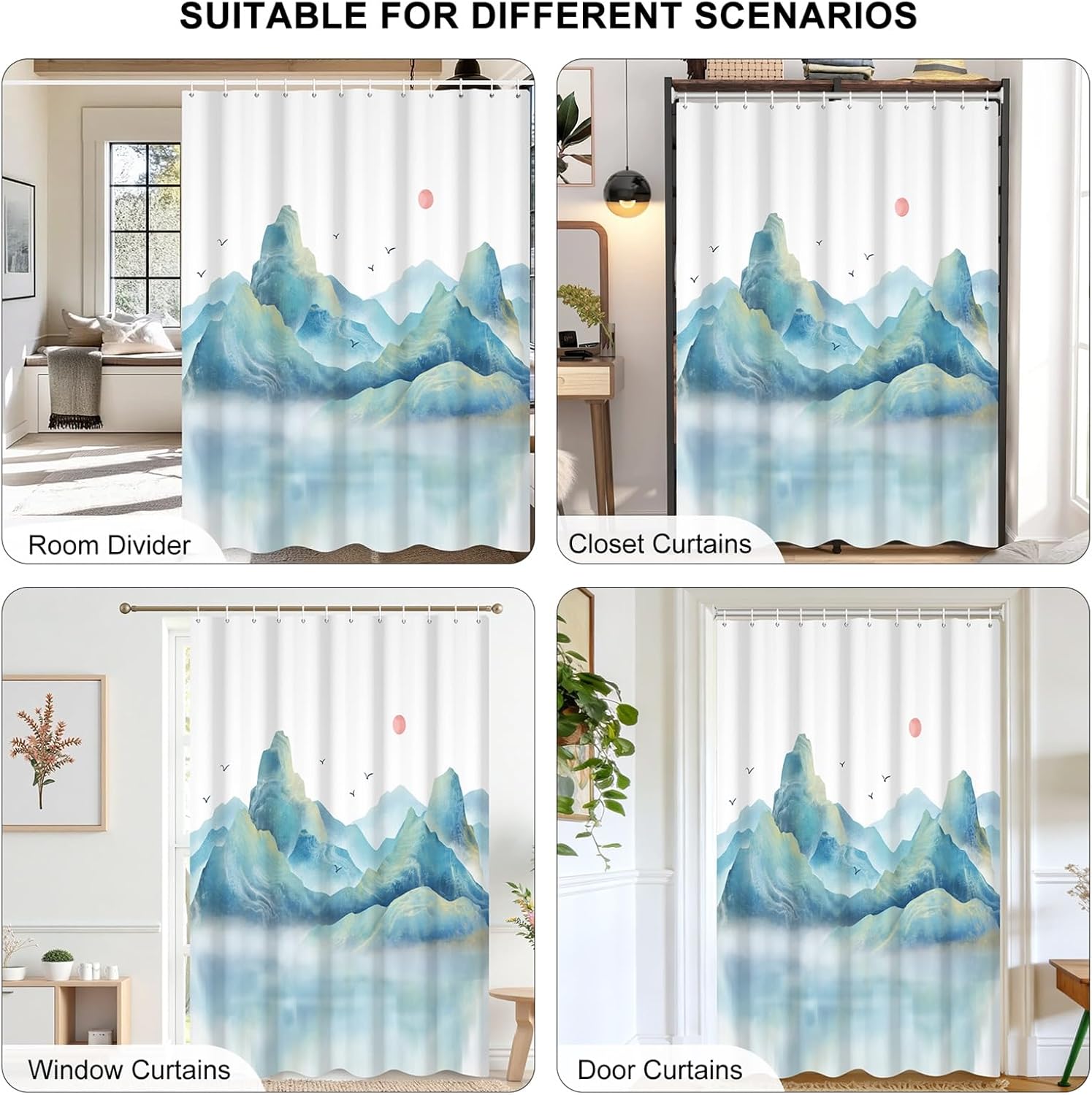 AOFOTO Abstract Mountain Landscape Shower Curtain 72x78 Inch Pastel Teal Nature Lake Theme Modern Aesthetic Bathroom Bath Accessories Set Polyester Fabric Asian Ink Painting Bath Curtains with Hooks