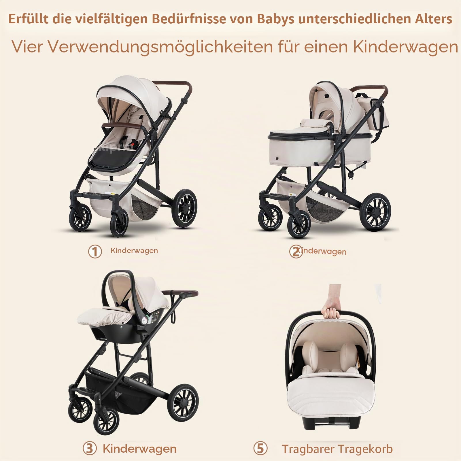 Zkiprm 3-in-1-Kinderwagen Faltbarer Kinderwagen mit Sitz höhenverstellbarer Lenker Baby Wagen für 0 bis 4 Jahren