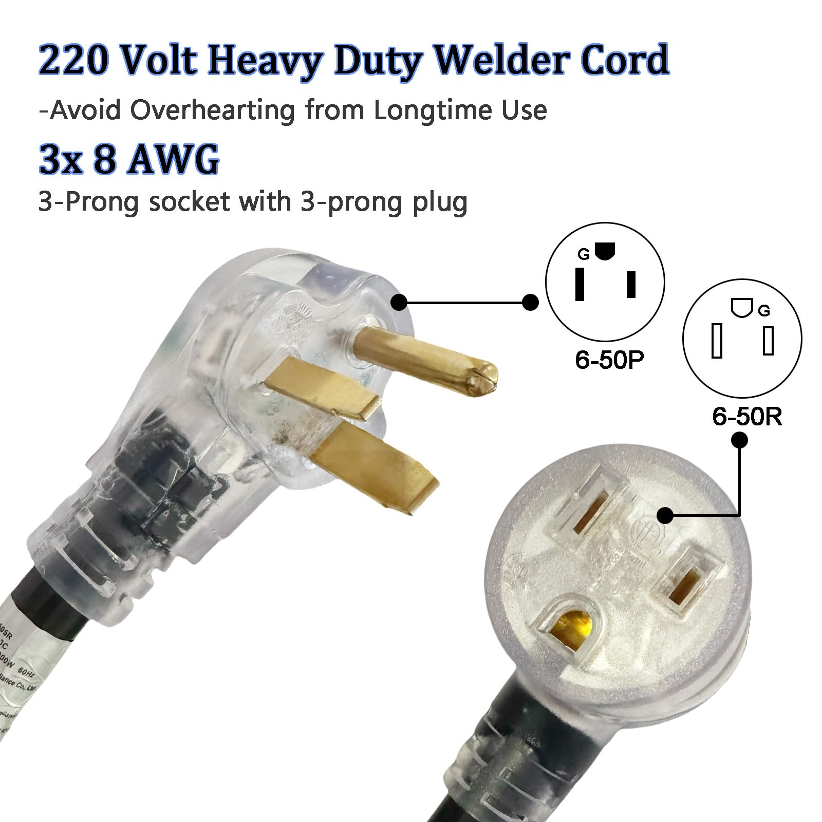POWGRN Schweißverlängerungskabel – 40A, 8 AWG, 12 M, NEMA 6-50, ETL-zertifiziert