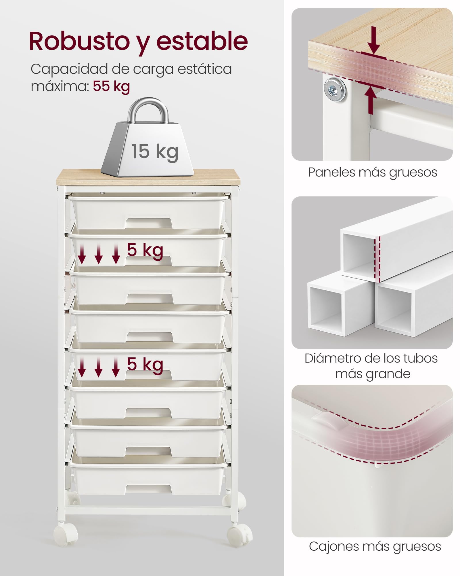 VASAGLE Carrito de Almacenamiento con 8 Cajones, Organizador con Ruedas, Carrito Auxiliar con Tablero de Madera, 39,5 x 28,5 x 76.5 cm, para Oficina, Salón, Blanco, Colección BENCO LRC006W101