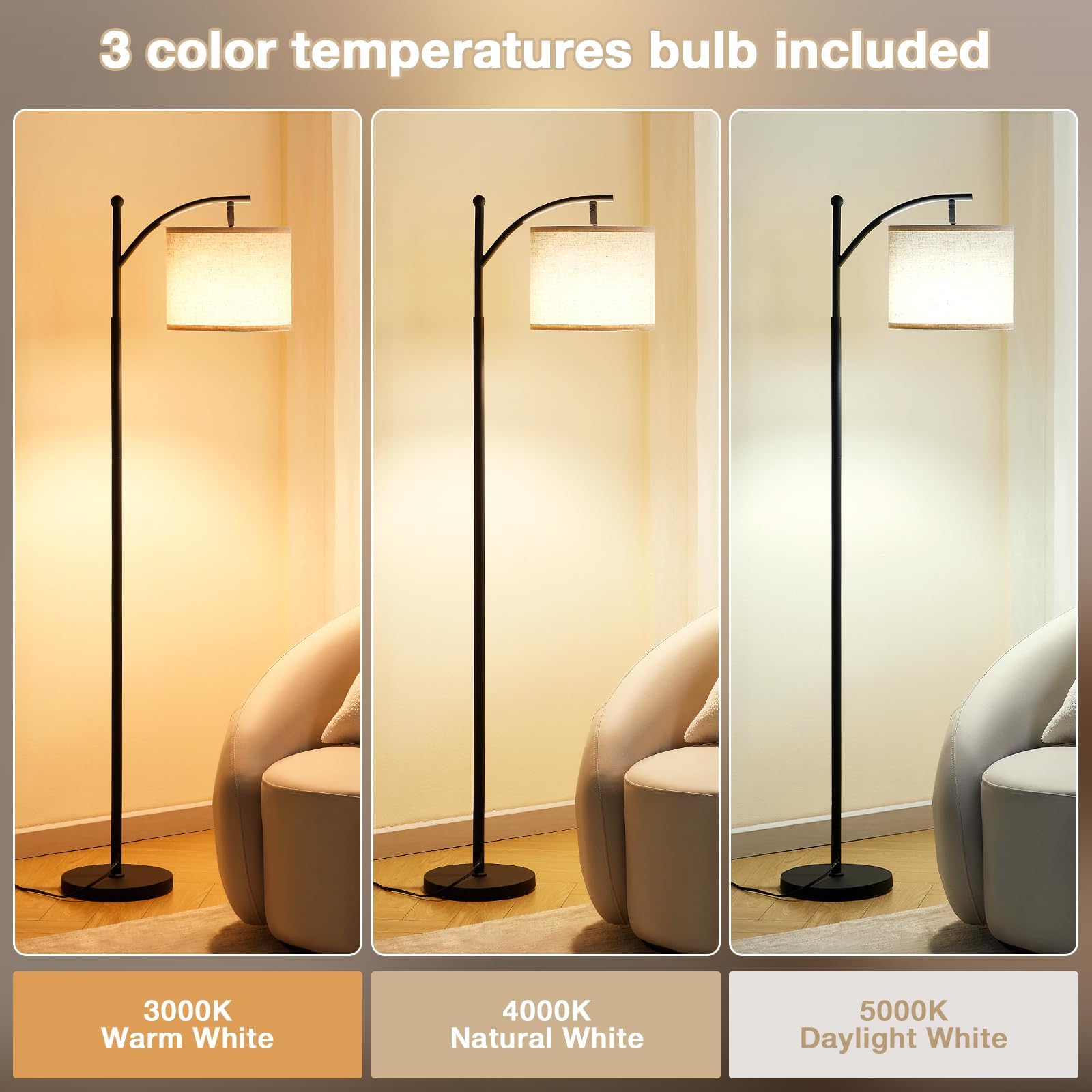 Stehlampen LED Wohnzimmer Moderne Stehlampe mit 3 Farbtemperaturen Beige Lampenschirm stehleuchte 9W Glühbirne inklusive für Wohnzimmer Schlafzimmer und Büro Stehleuchte mit Fußschalter Schwarz
