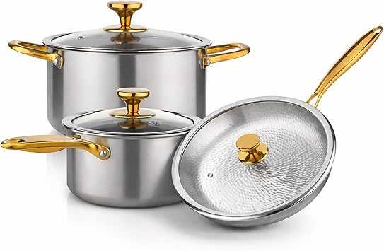 100% Pure Titanium Cookware Set | 7.68in Milk Pan + 10.04in Stock Pot + 10.04in Hammered Fry Pan | Induction & Gas Compatible | Easy Clean | Oven & Dishwasher Safe Milk Pan + Stock Pot + Fry Pan