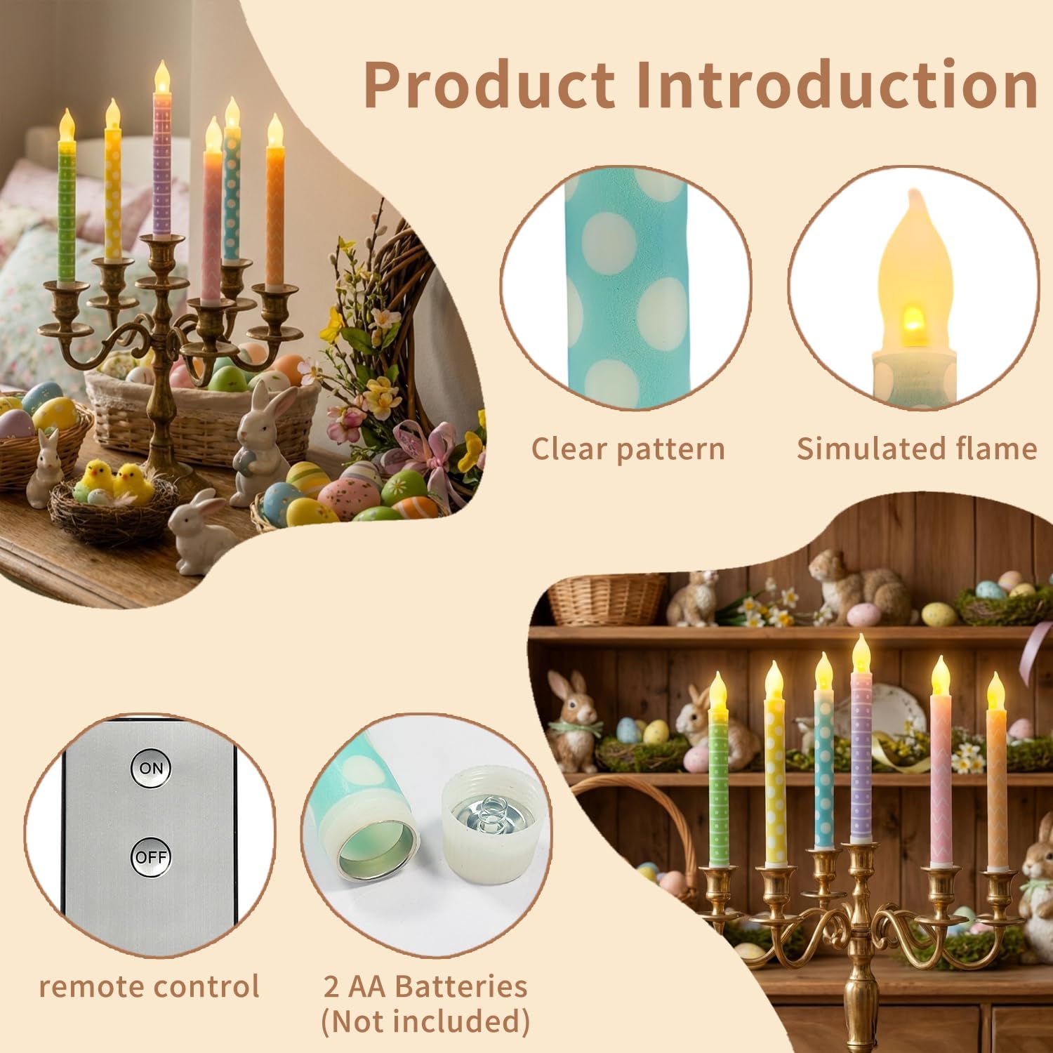 6PCS Easter Flameless Taper Candles with Remote Control,8.3'' Colorful LED Candle Battery Operated for Easter Table Home Party Decor