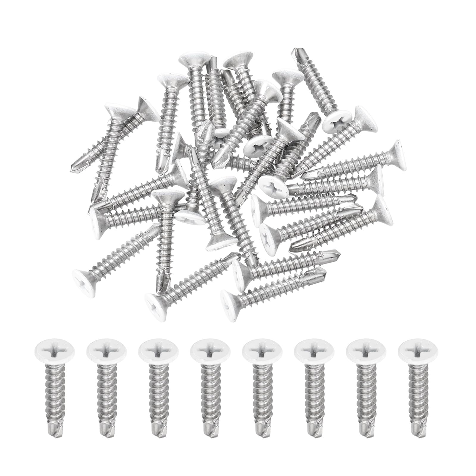 sourcing map 30Pcs M4.2x25mm White Flat Head Self Tapping Screws, 410 Stainless Steel Self Drilling Screws for Metal Sheet Metal Screw, Silver