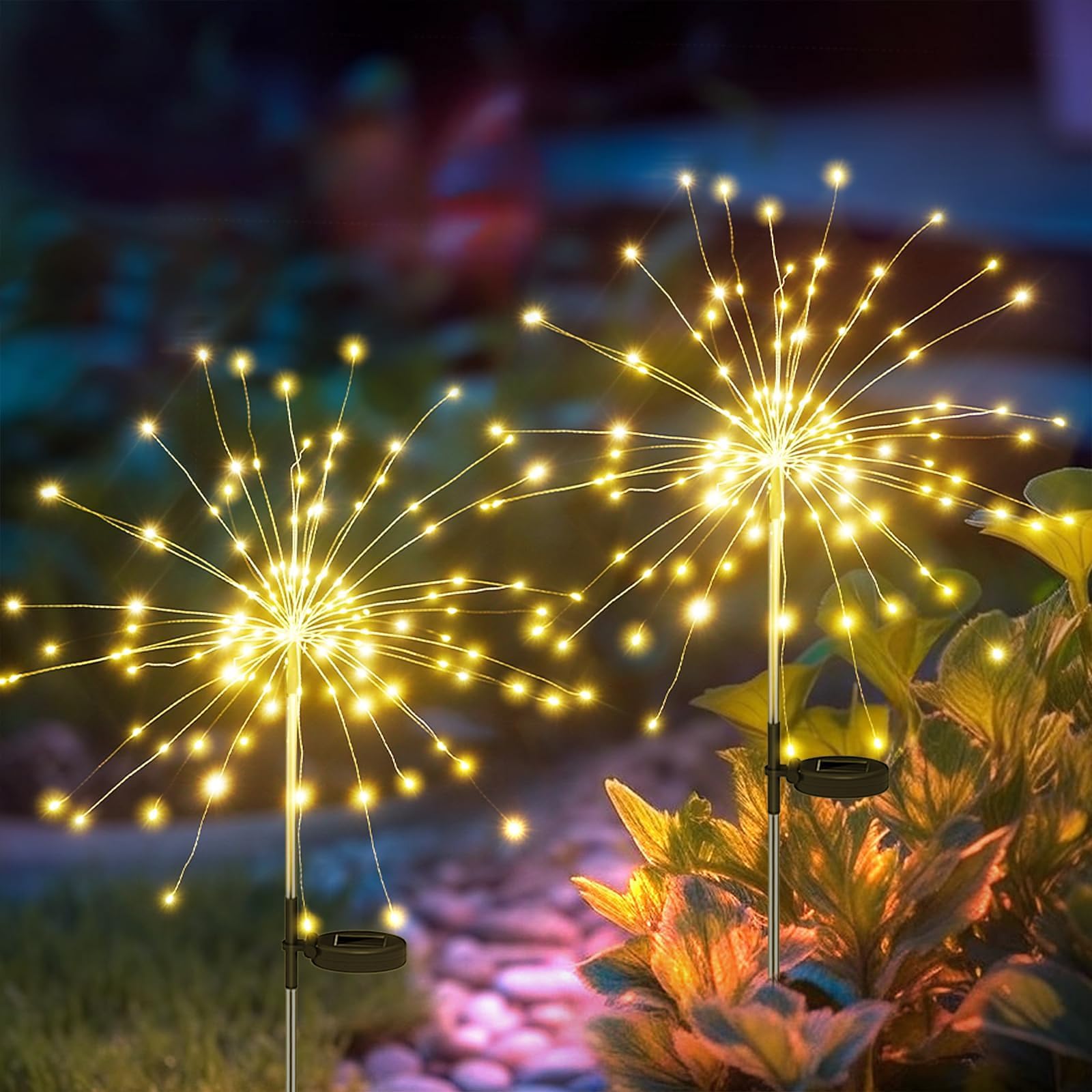 Solar Lights, Outdoor Solar Garden Lights Solar Fireworks Lights Waterproof Christmas Decorative 2 Lighting Modes DIY Shape Landscape Lights for Garden Patio Lawn Yard Party 2 Pack (Warm White)