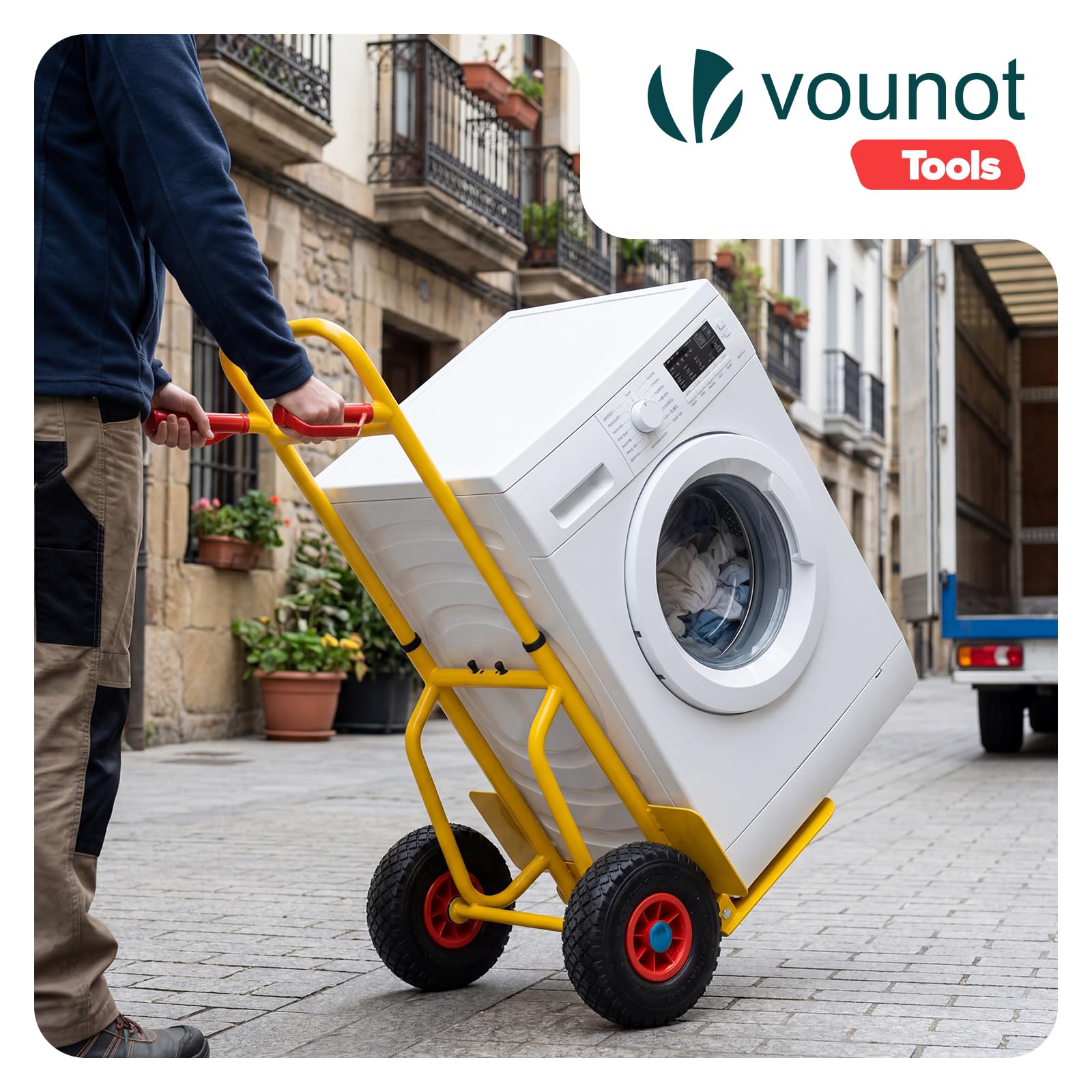 VOUNOT® Diable Pliable Charge Max. 200 kg Structure Renforcée Chariot de Manutention avec Roues Pneumatiques Diable de Transport avec Poignées Ergonomiques pour Déménagement Livraison Entrepôt Jaune