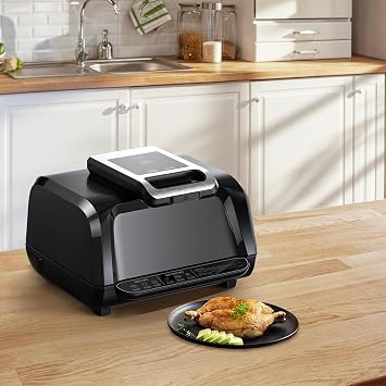 Indoor Grill Air Fryer Combo with See-Through Window, 7-in-1 Smokeless Electric Air Grill up to 450F, 1750W Contact Grill with Non-Stick Removable Plates, Even Heat, Silicon Tongs as Gift, 4Qt