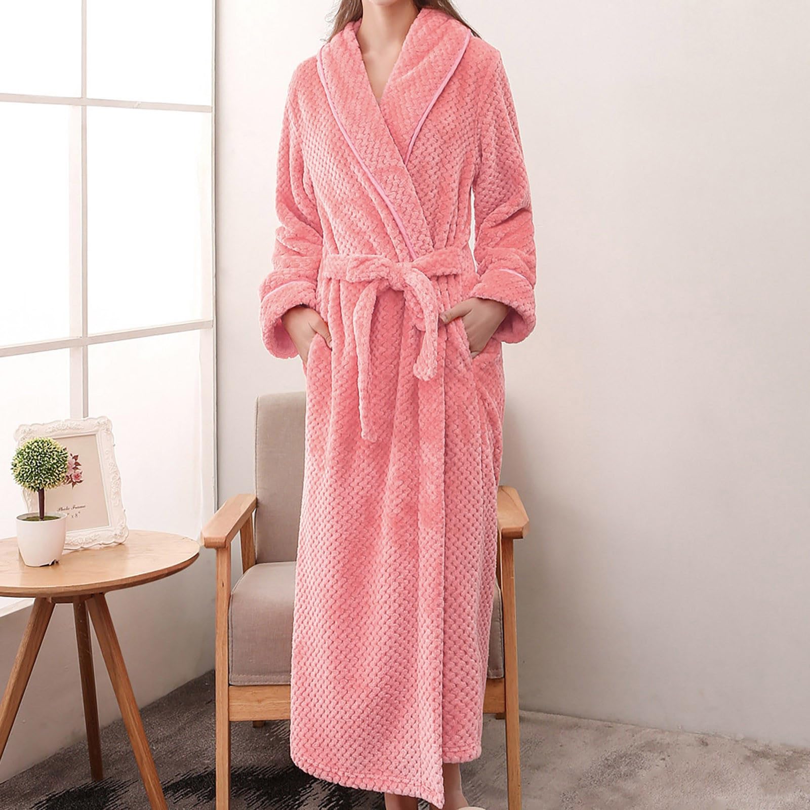 Albornoz largo sin capucha para mujer, traje de casa para mujer, cálido, bata con bolsillos, bata de casa, monocolor, albornoz para sauna, extra largo, cómodo, camisón suave, pijama con cinturón