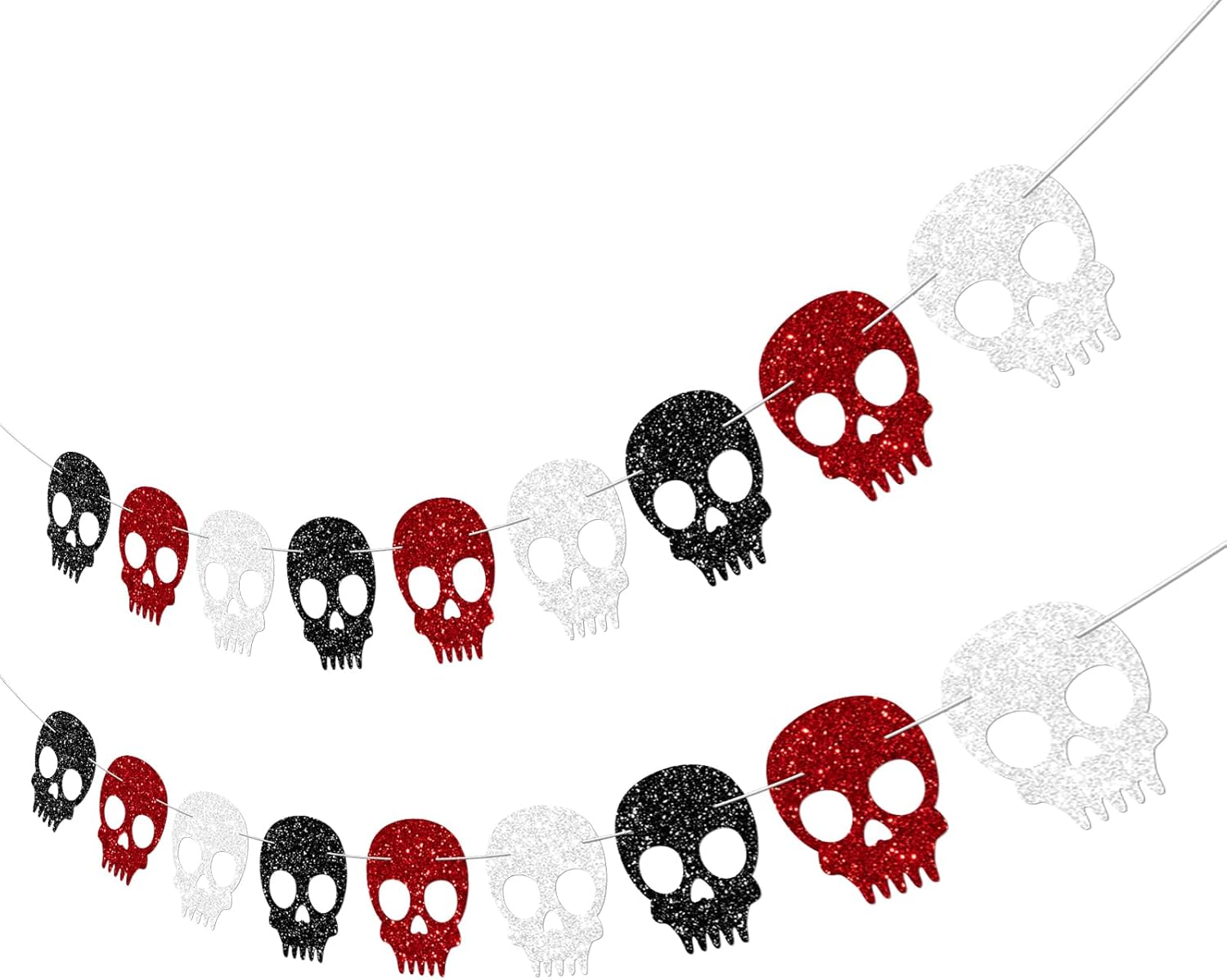 2PC Black/Silver/Red Skull Garland for Halloween Party Decorations Glitter Skull Banner for Gothic Birthday Decorations Supplies - Image 2