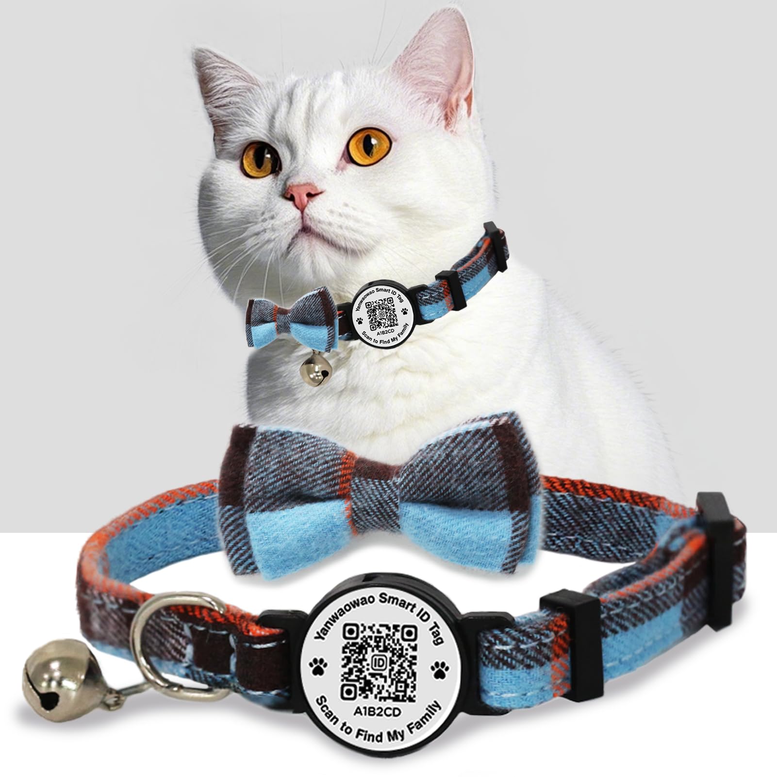 Cat Collar with Bells Kitten Collars Breakaway with Bow Tie QR Code (Blue)