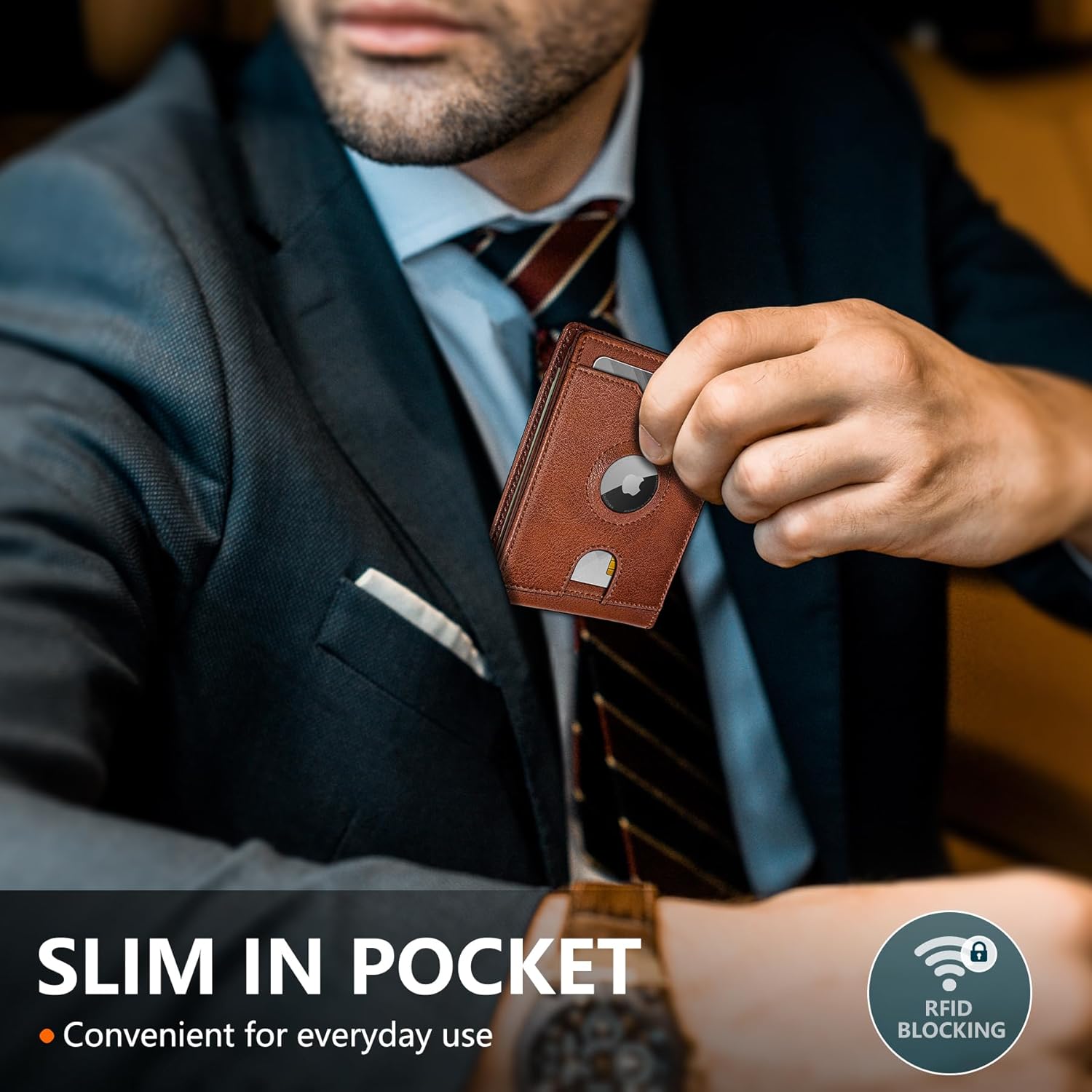 Airtag Wallet for Men,with Cash Pocket 2 ID Window 13 Cards,Slim Leather Wallet Front Pocket Card Holder RFID Blocking with Gift Box - Image 4