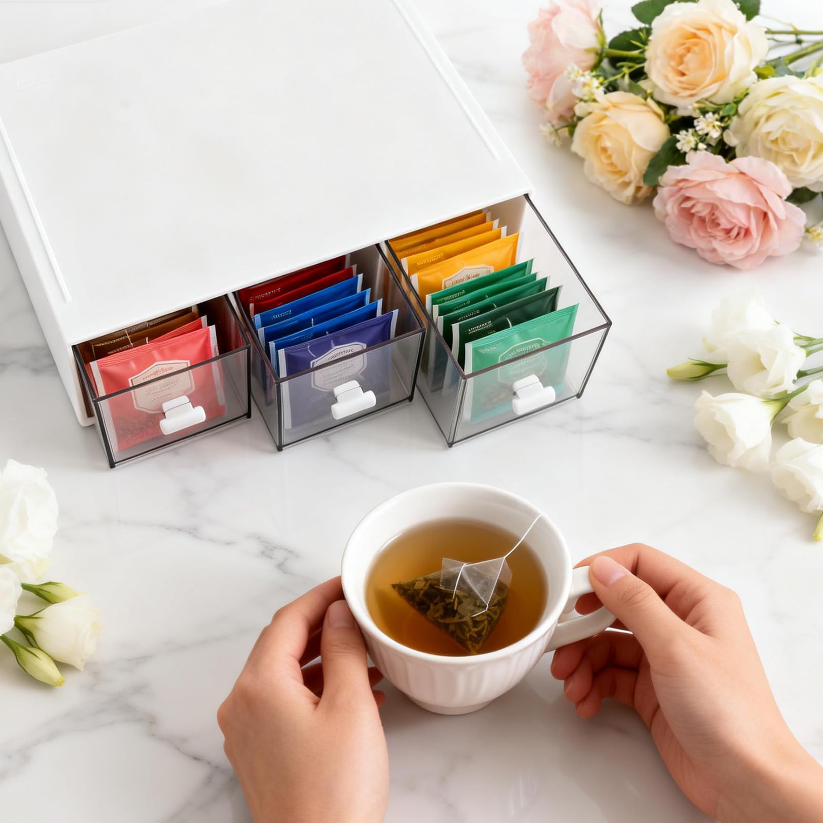Lot de 5 boîtes à thé empilables avec 3 tiroirs - Rangement empilable - Peut stocker de petits sachets de thé, sachets de sucre, petits objets de café - Convient pour le bureau, la cuisine