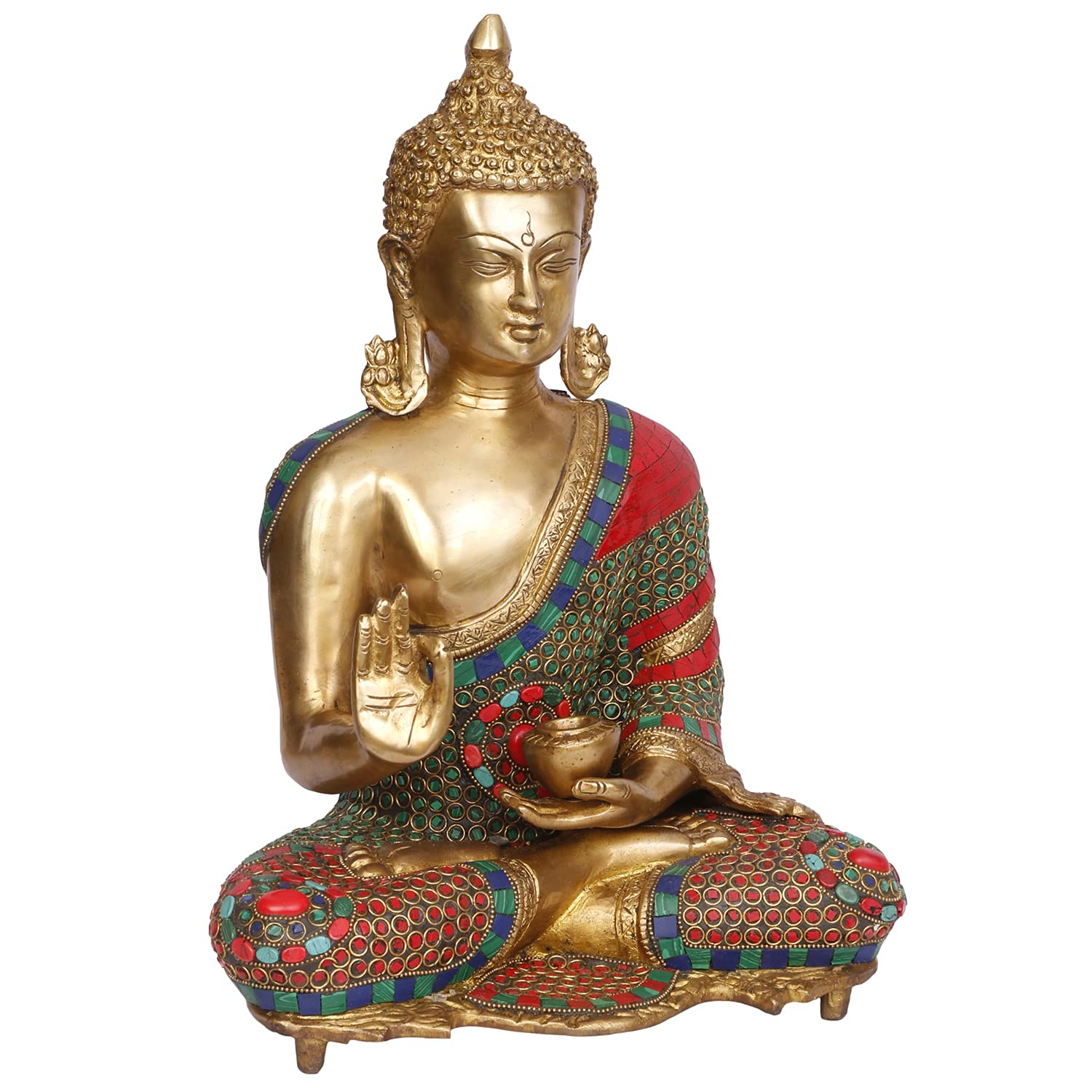 ARTVARKO Estatua de Buda grande de 16 pulgadas hecha a mano sentado, bendición, ídolo de budismo, latón, piedra turquesa.