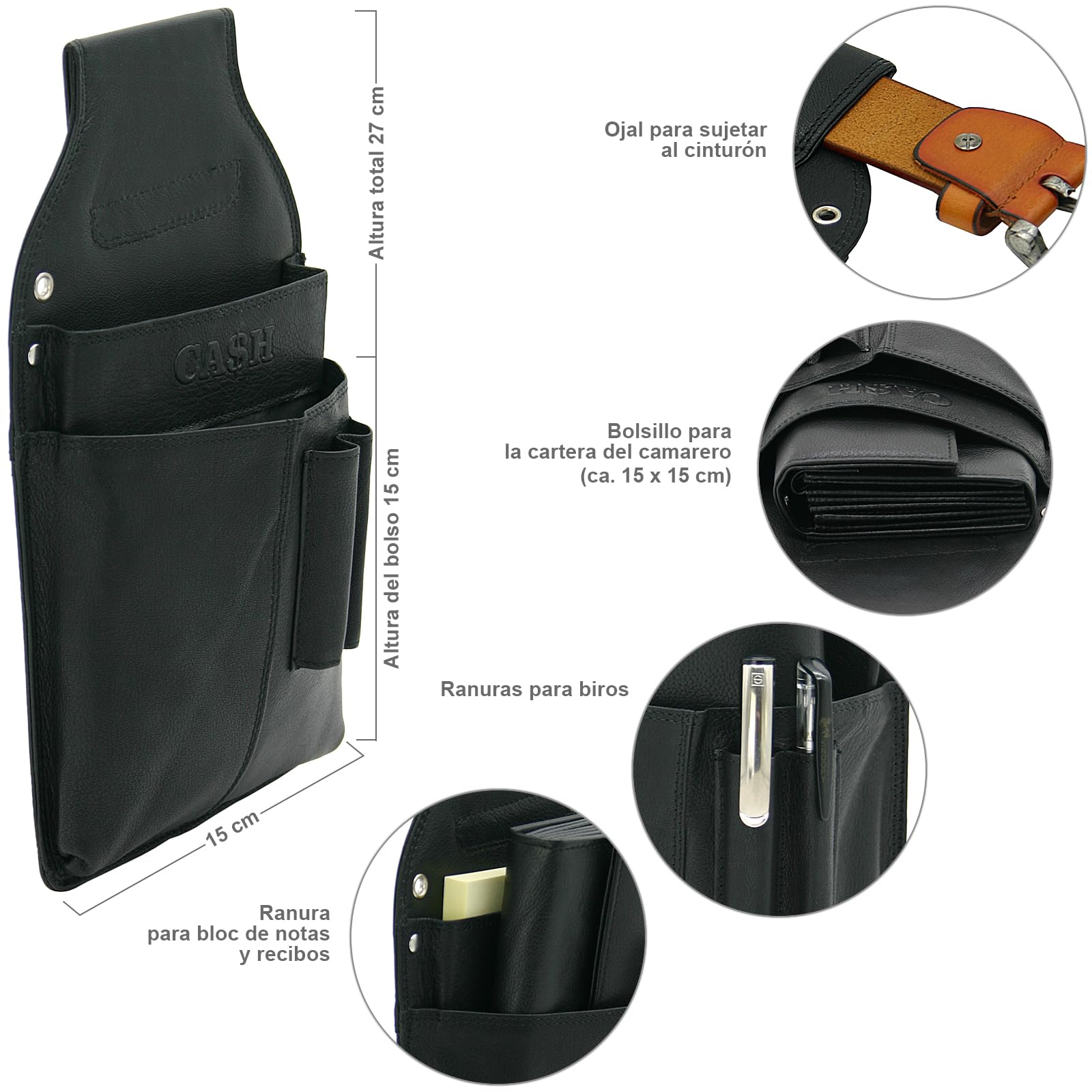 J.Jones - Riñonera Tipo Cartera de Camarero Grande de Piel, práctico Estuche con Compartimentos para Notas, Negro