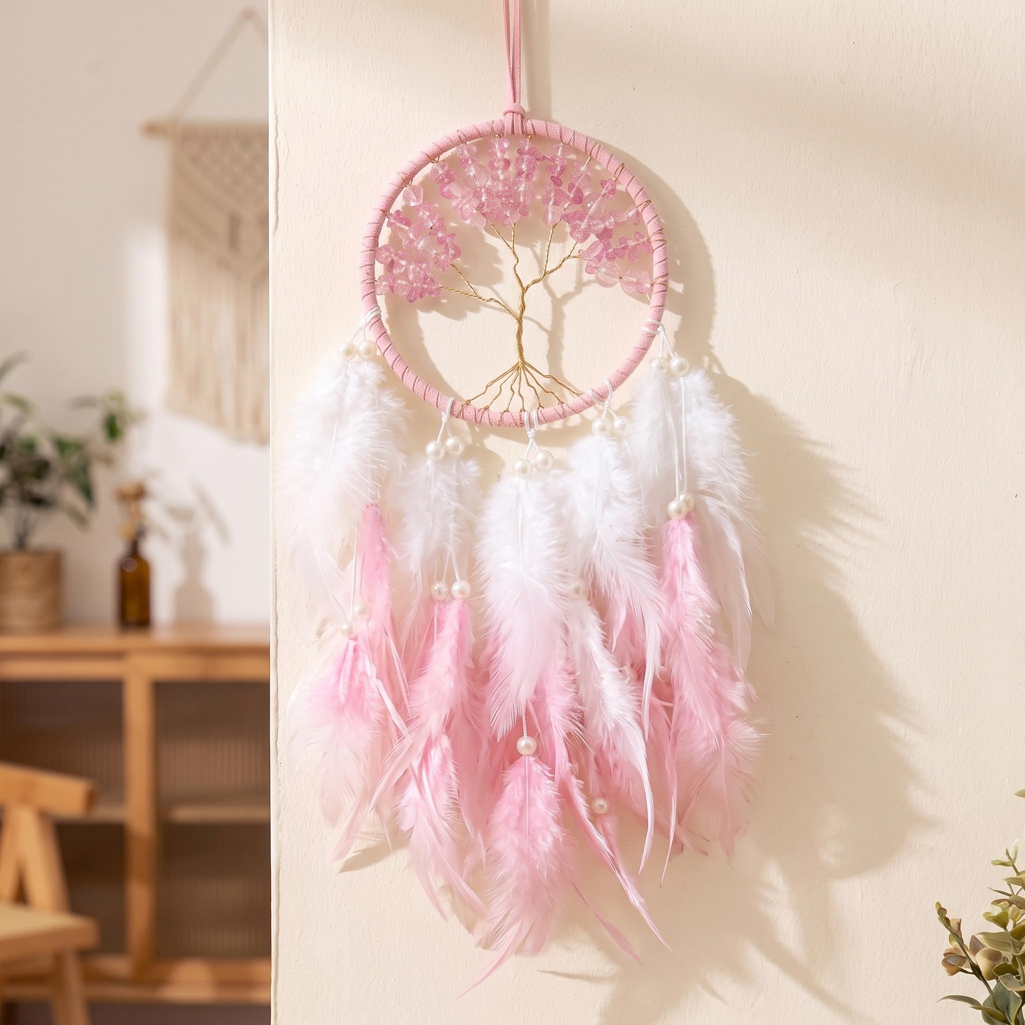 JH Gallery Dreamcatcher with Tree of Life (Rose Quartz Crystal Tree), Feather Wall Hanging for Bedroom, Living Room, Office and Balcony Decor, Boho Dreamcatcher for Home Decor. (Pink and White)-image-19