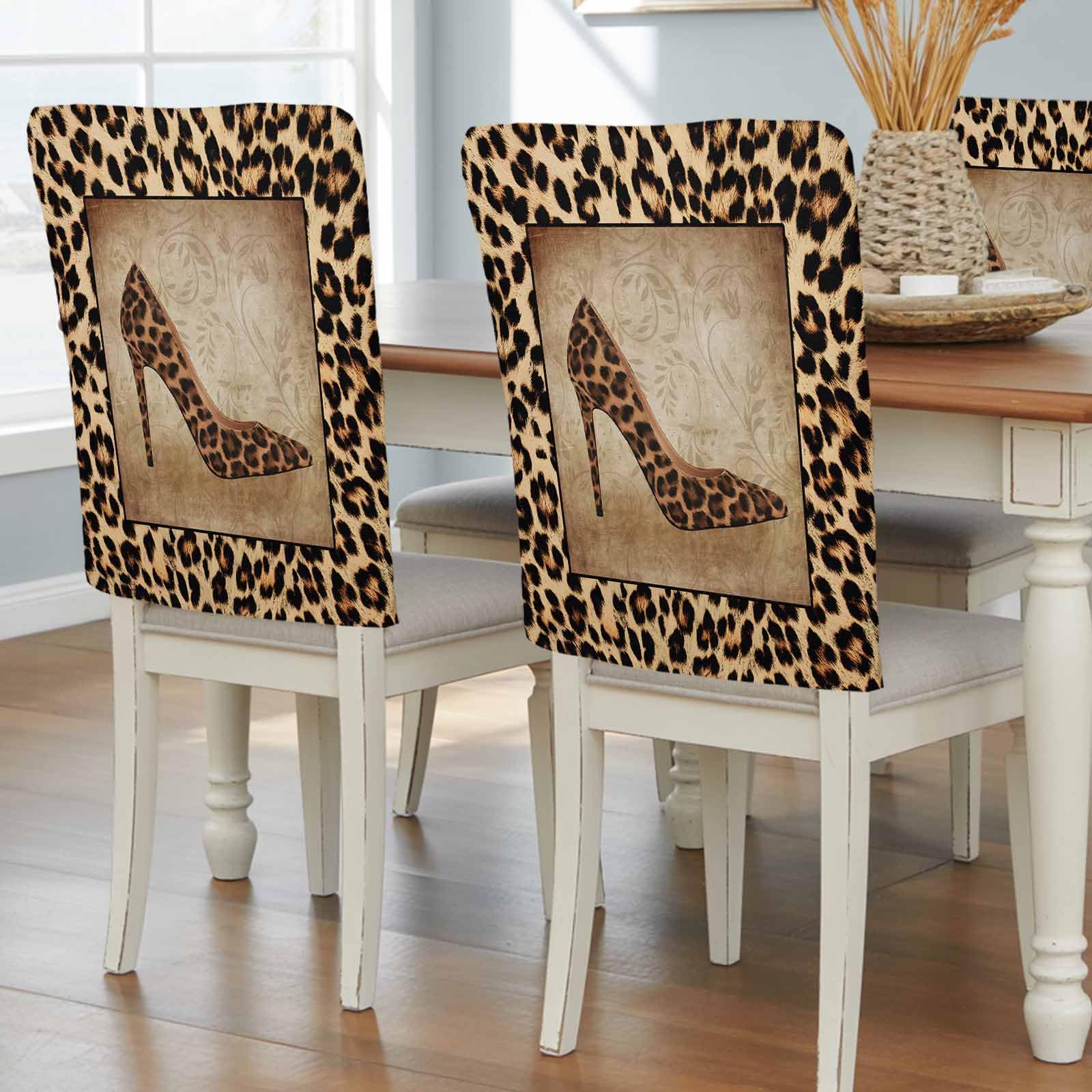 Chair Back Covers Set of 6, Leopard Print Washable Chair Covers for Dining Room, Vintage Rustic High Heels Animal Texture Decorative Dining Chair Slipcover for Kitchen, Home, Hotel, 20x19 Inch