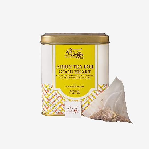 The Indian Chai - Arjun Tea for Good Heart 30 Pyramid Tea Bags with Arjun Bark, Ashwagandha, Bhahmi, Shankhpushpi for Cholesterol, Blood Pressure, Herbal Tea