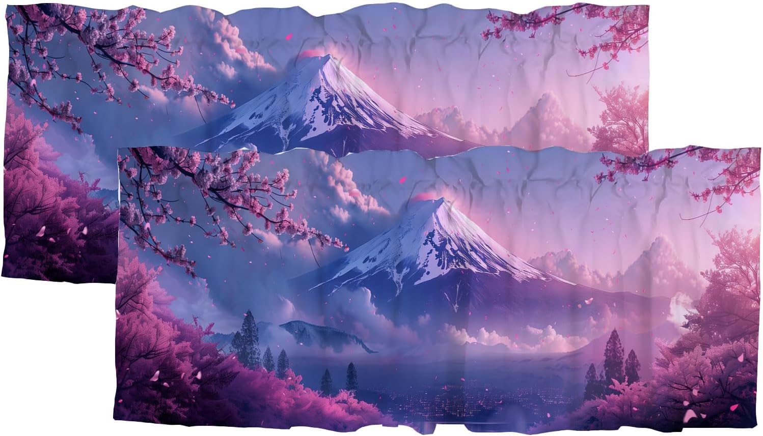 Japanese Mount Fuji Valances Curtains for Kitchen Windows Cherry Pink Blossoms Landscape Kitchen Curtains Room Darkening Curtains Rod Pocket 2 Pack 52x 18 inch