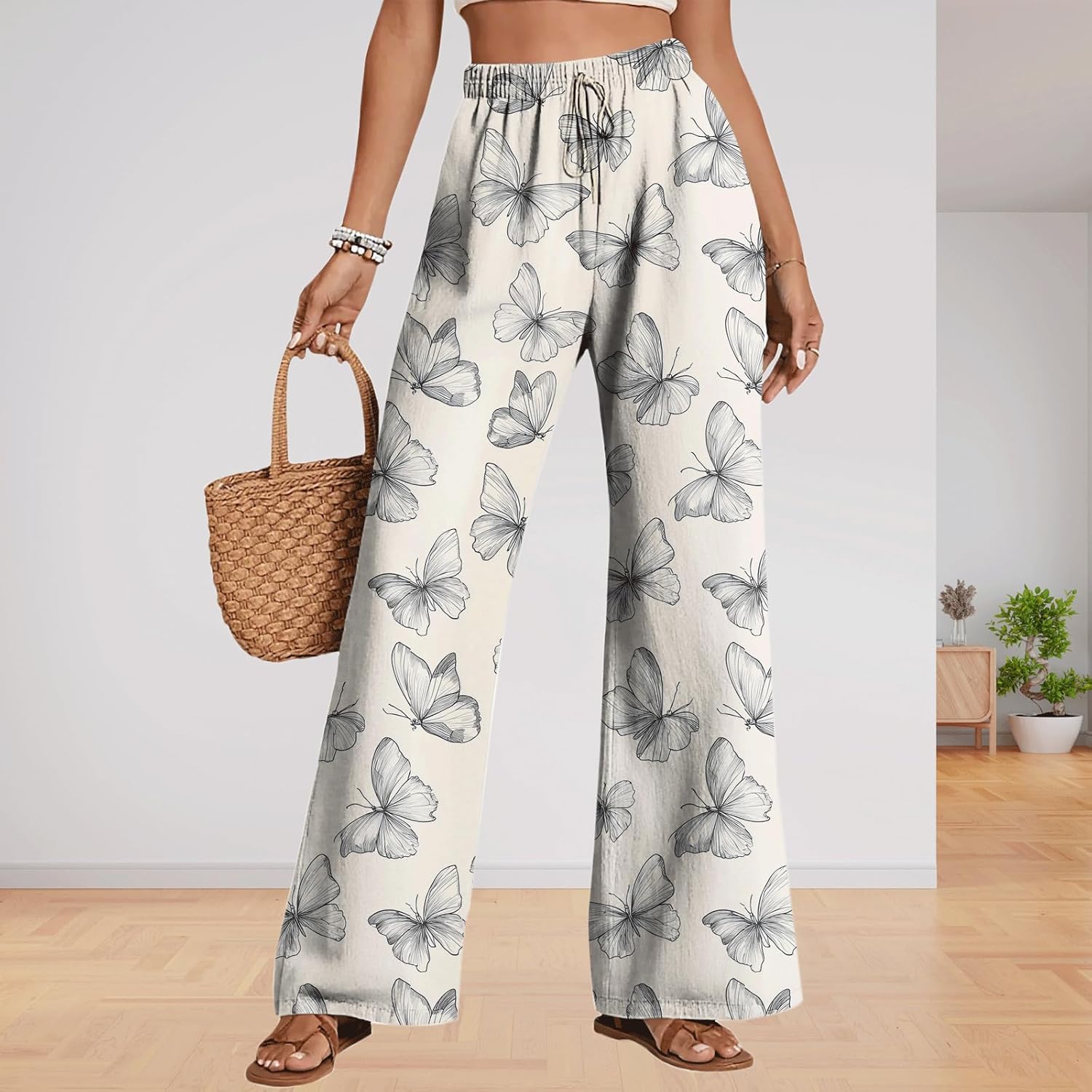 Womens Butterfly Print Pants Summer Casual Drawstring Waist Pants Floral Dragonfly Graphic Trousers Lightweight