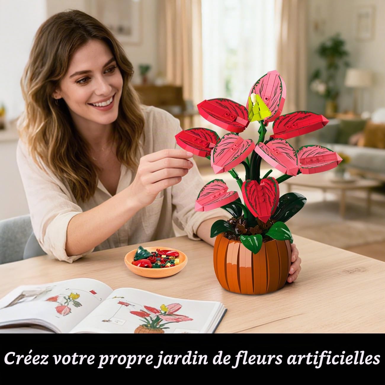 HiWEEGO Flowers Botanicals Bonsai Building Set - Bonsaï Artificiel Aglaonema pour la décoration intérieure, 782 pièces de Fleurs artificielles à Assembler, Cadeau d'anniversaire pour Adultes