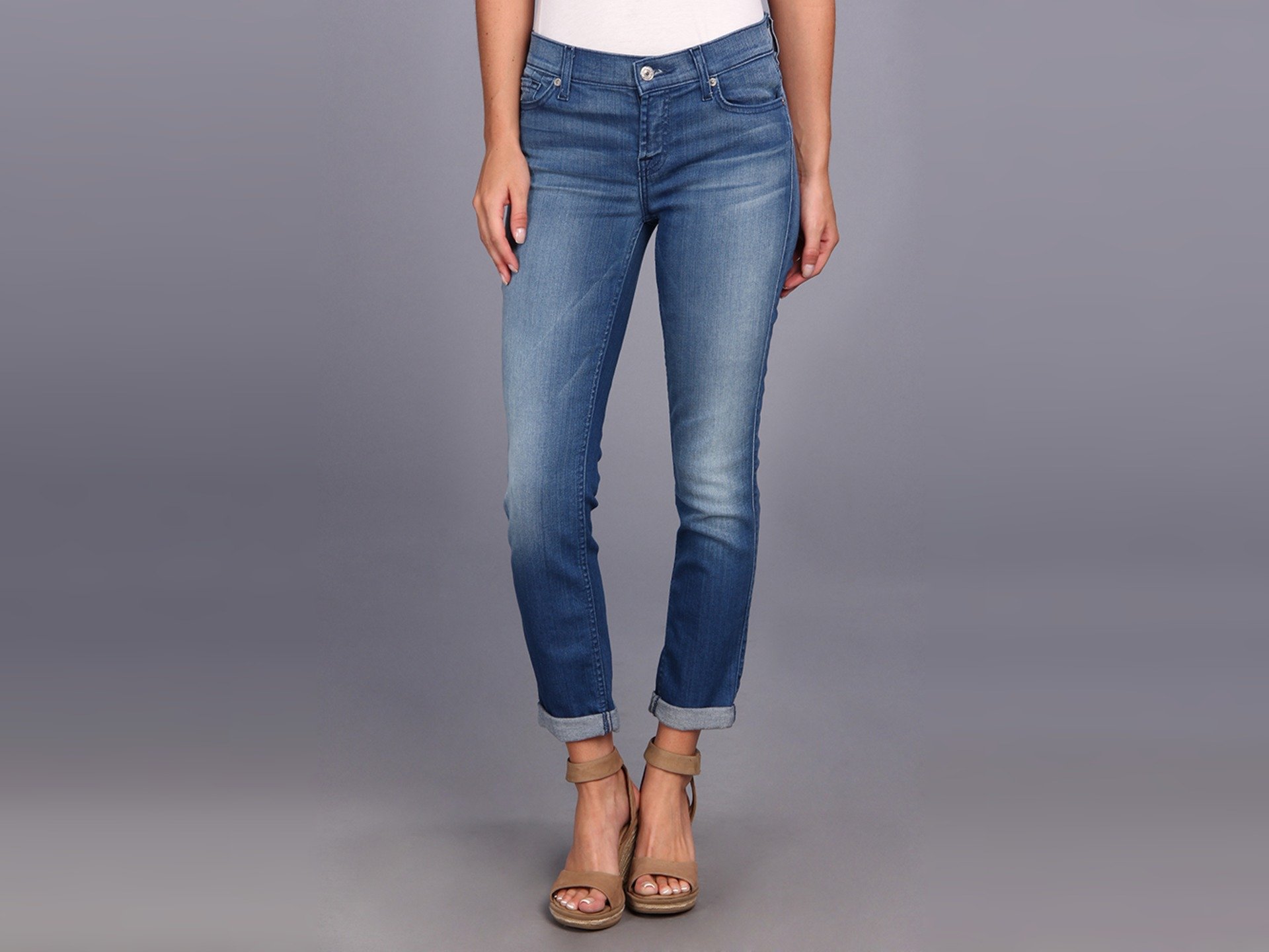 7 For All Mankind Women's Skinny Crop and Roll Jean In Slim Illusion Bright Blue