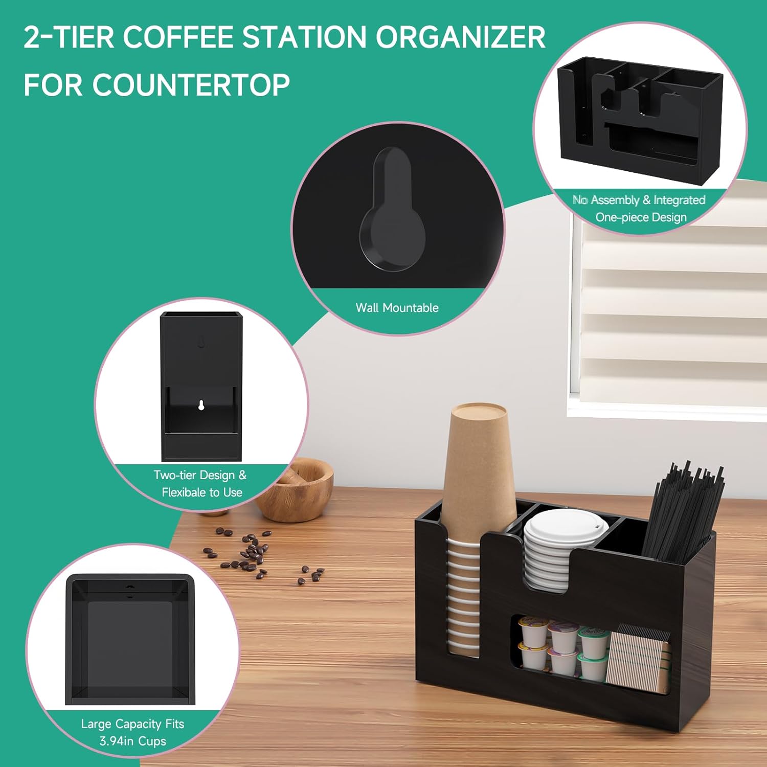 2-Tier Coffee Station Organizer for Countertop, 4 Compartments Black Acrylic Cup and Lid Holder Tea Condiment Storage Upright Coffee Bar Organizer Pod Dispenser for Office Breakroom Home Kitchen