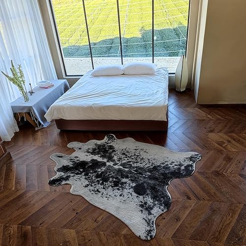 Miniatura 4 de rugoo Alfombra de piel sintética de vaca blanca y negra, 4.7 x 5.9 pies, alfombra de piel sintética de animal para sala de estar, dormitorio,
