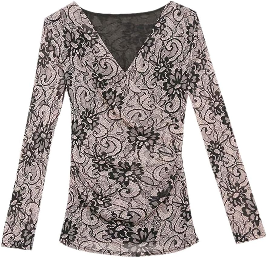 Hdhdeueh Women's Double-Layer Mesh T-Shirt Casual Long-Sleeved Printing Slim Bottoming Shirt