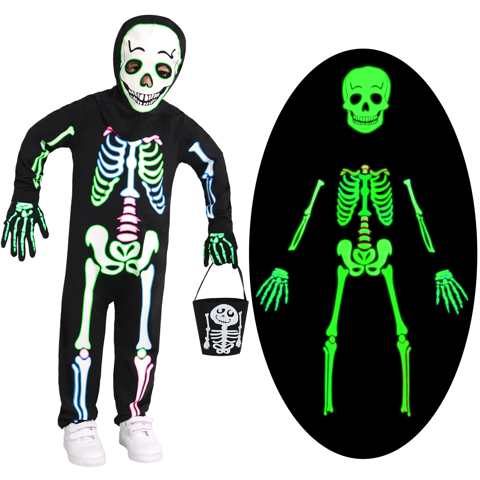 Miyanuby Kids Skeleton Costume Halloween Costumes Glow in The Dark Boys Girls Skull Jumpsuit with Gloves Hooded Candy Bag Toddler Skeleton Costumes