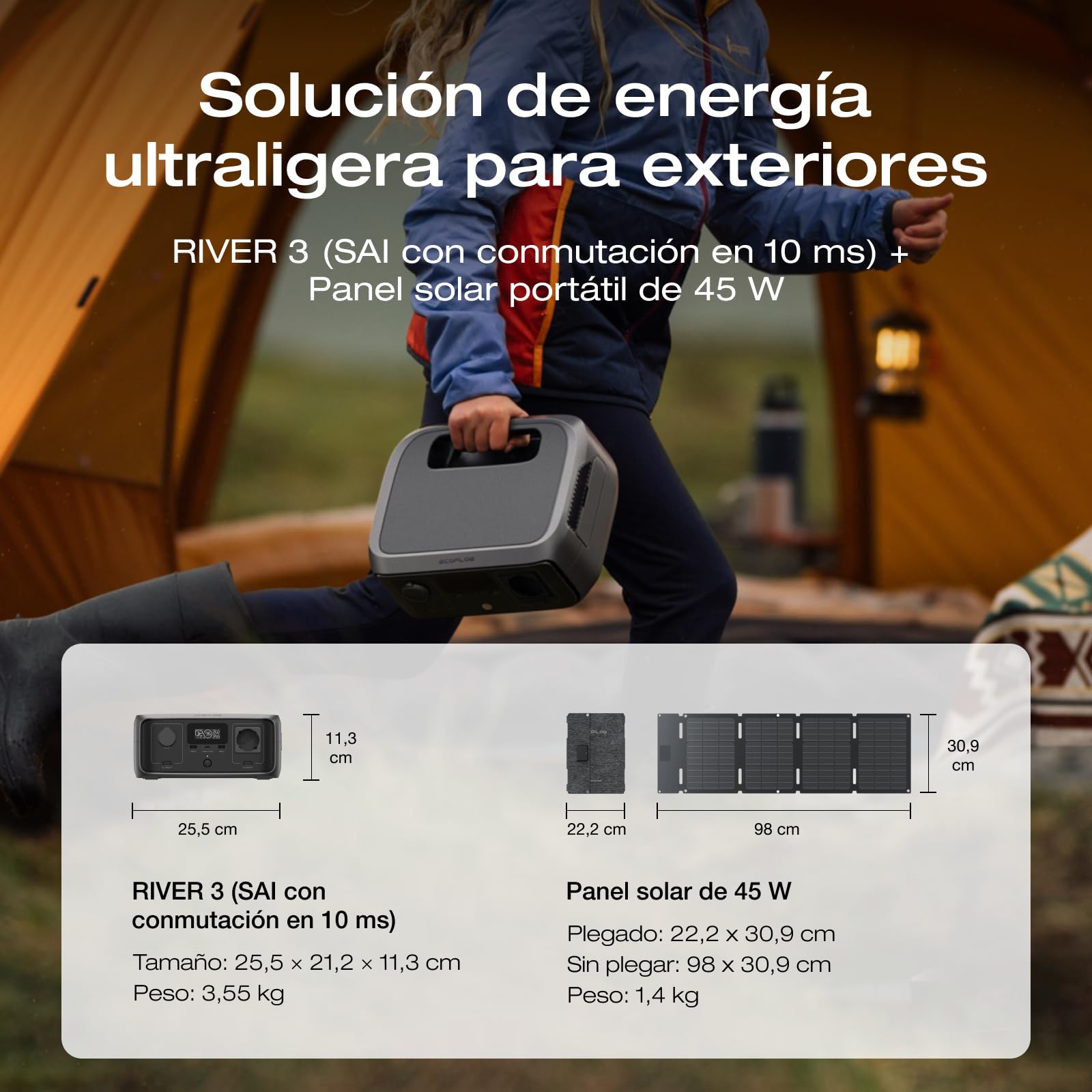 Generador solar portátil EF EcoFlow RIVER 3 245 Wh con panel solar de 45 W | Batería LiFeP04, salida 600 W, SAI en <10 ms, Generador solar un 30% más compacto para la Electricidad de Emergencia, Camping