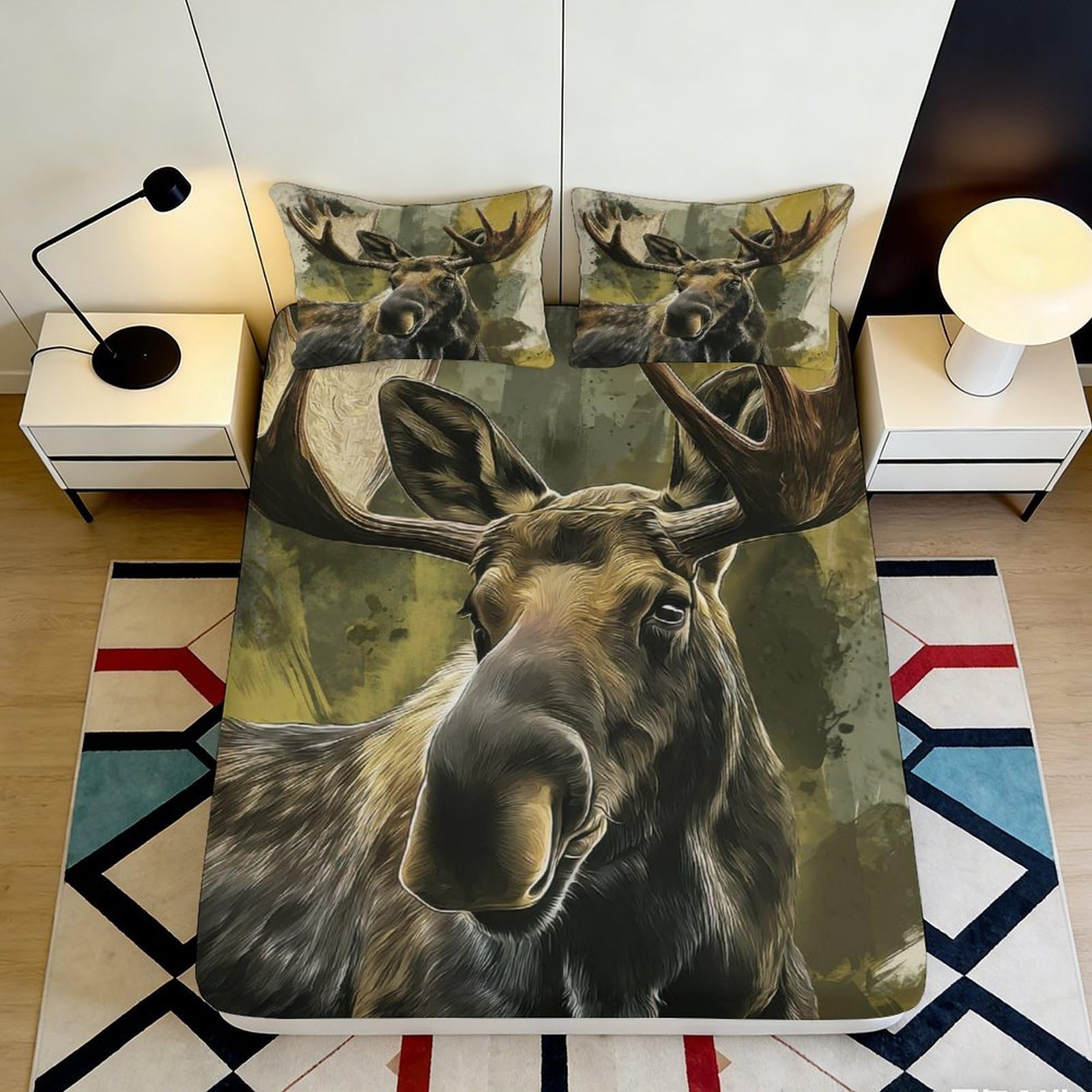 Tjiqhvmrn Style-6 3D Printed Moose Pattern Fitted Sheet Microfiber Deep Pocket Non-Slip Moose Mattress Fitted Cover Bedroom Bedding For Adults Teens 90X200x25cm