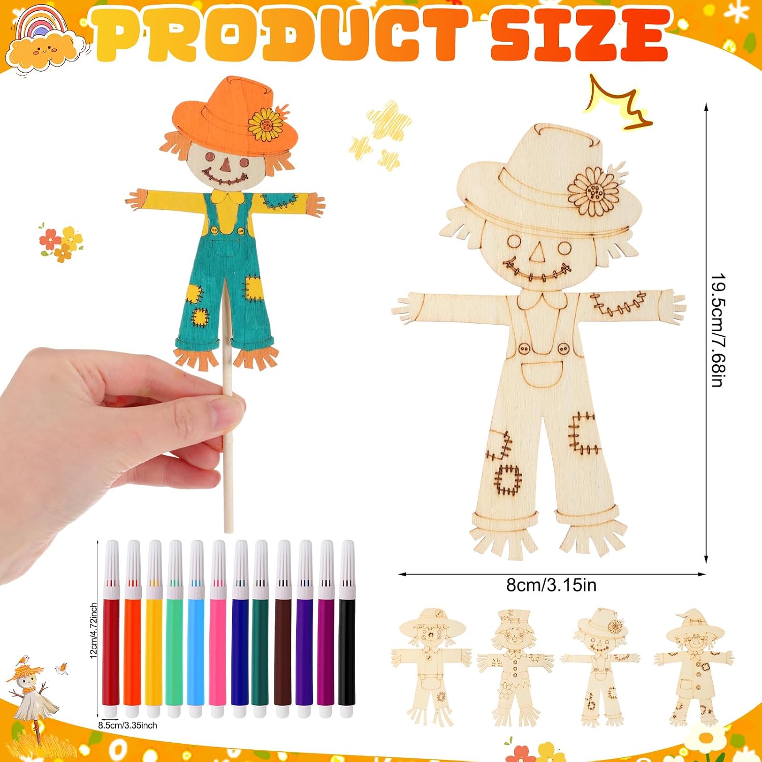 Blueweenly 24 Pcs Fall Scarecrow Painting Craft Kits for Kids DIY Scarecrow Unfinished Paintable Wood Slices Make Your Own Craft for Home Class Fall Autumn Harvest Thanksgiving Decoration