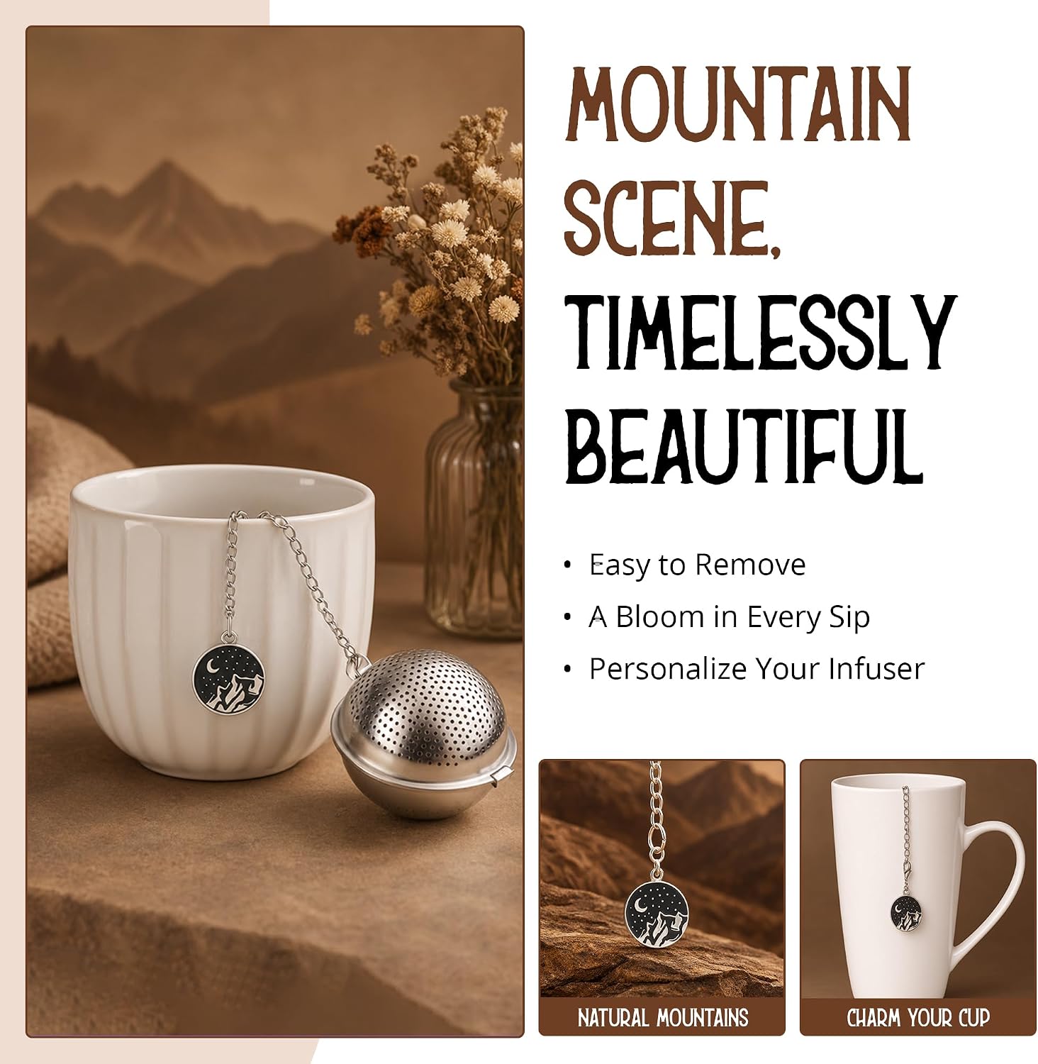 Mountain Scene Tea Infuser, Stainless Steel Mesh Loose Leaf Tea Infuser Ball with Mountain Charm, Reusable Tea Strainer Filter for Tea