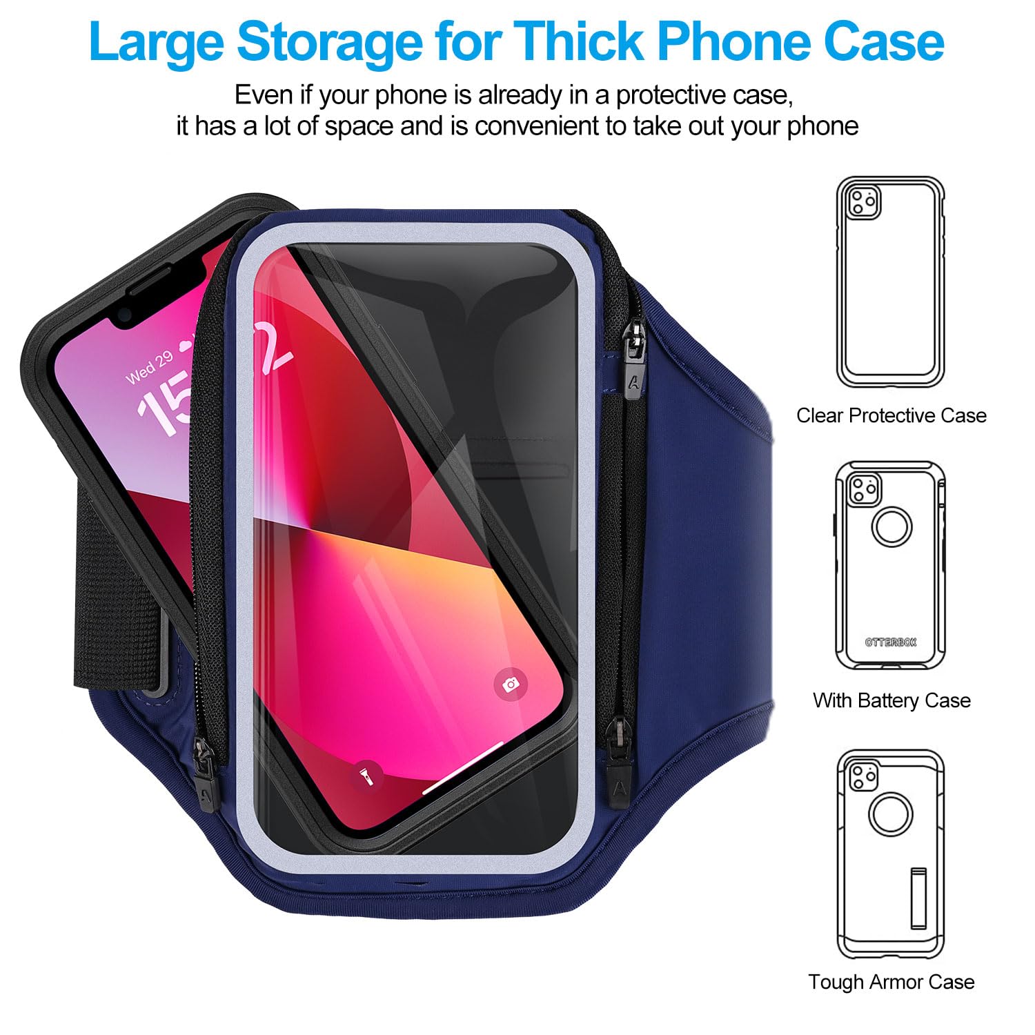 Uchwyt na telefon 6.8'' do biegania z kieszenią na słuchawki RAZOBWS. Uchwyt na ramię dla iPhone 15 14 13 12 11 Plus Pro Max oraz Galaxy S20 - S24 Ultra. Wodoodporny z kieszenią na kluczyki