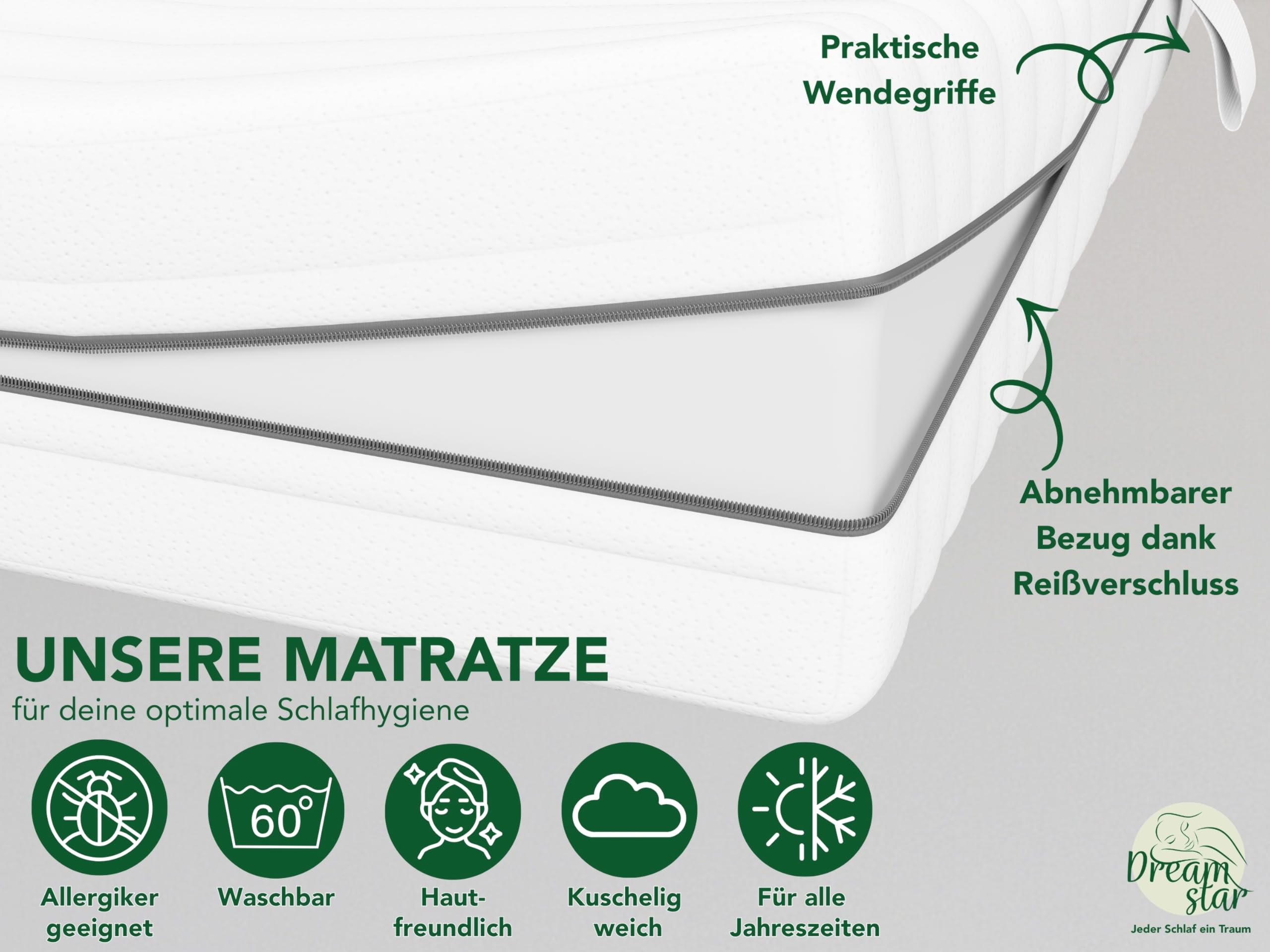 DREAMSTAR Kaltschaummatratze Vital Silber XXL 24 cm hoch | Ergonomische 7-Zonen Matratze 100x200 cm H3 | Hypoallergen & Antibakteriell | Bezug abnehmbar & waschbar | Öko-TEX® | (24cm, 100 x 200 cm)