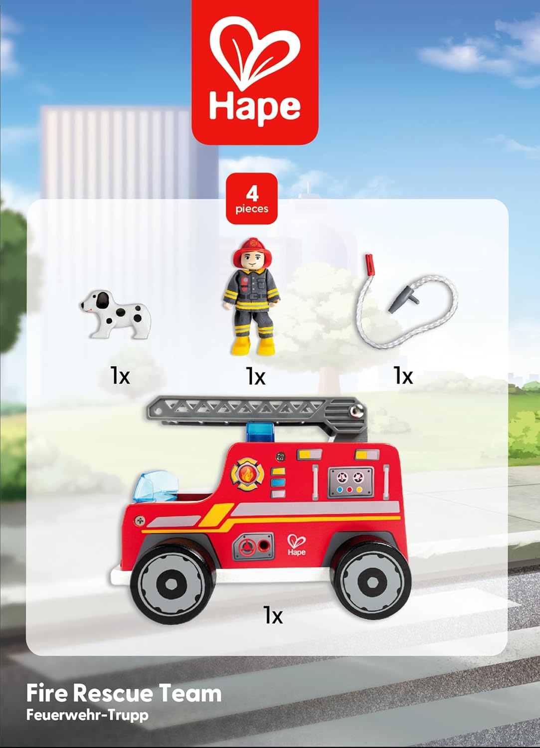 Hape Fire Truck Playset| Wooden Fire Engine Toy with Action Figure & Rescue Dog