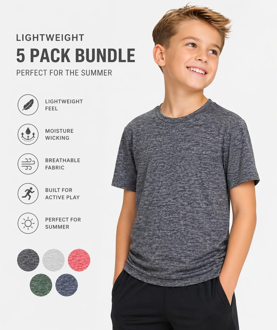 BenBen Youth Boy T Shirts Short Sleeve Moisture Wicking Performance Tees Everyday Wear Gym - 5 Pack