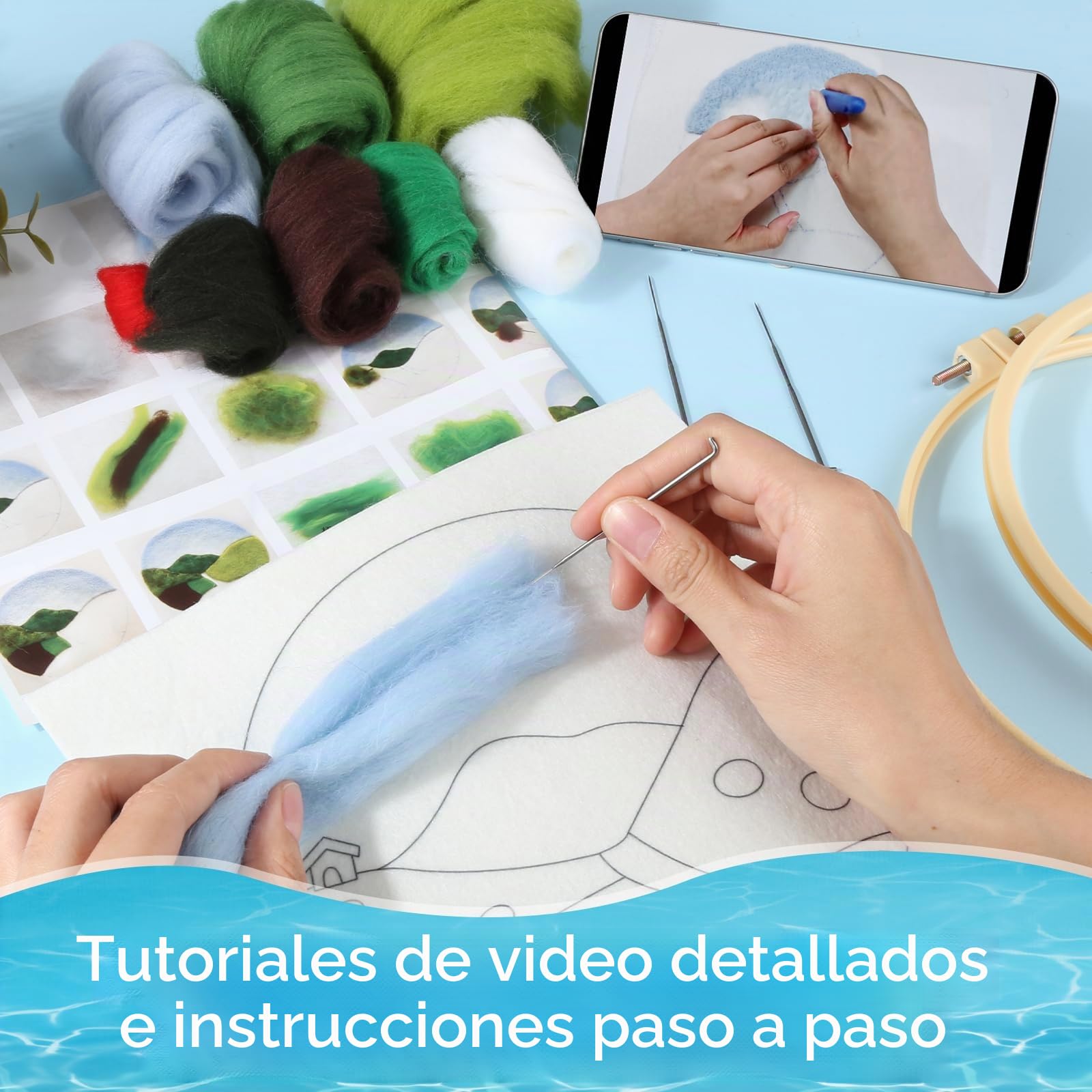 2 juegos de kit de fieltro de aguja, kits de fieltro para principiantes adultos, kit de inicio de fieltro de aguja, incluye tela afieltrada, lana, marco de cuadro, aguja, almohadilla de espuma e
