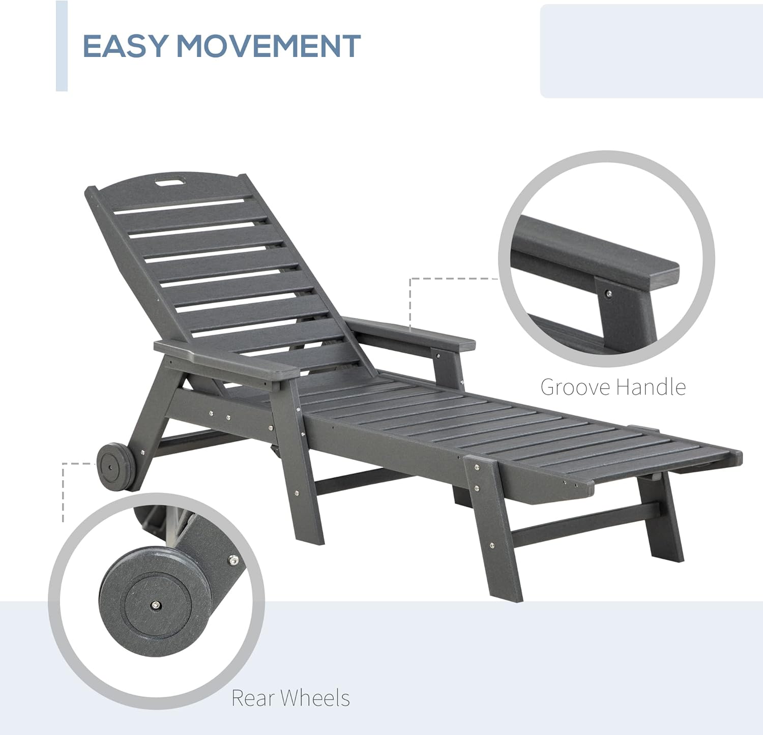 Outsunny Outdoor Chaise Lounge Chair, Waterproof Pool Furniture with Reclining Adjustable Backrest & Wheels for Beach, Tanning, Poolside, Patio, Light Gray