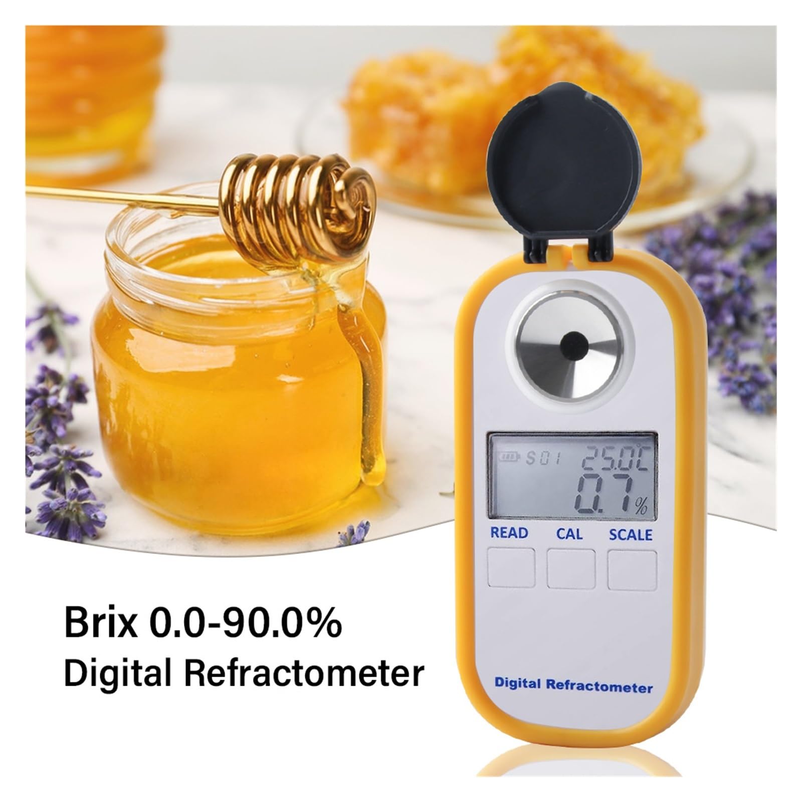 Refraktometer, 3-in-1-Digital-Honig-Refraktometer 0-90% 5,0% ~ 38,0% Feuchtigkeit 33,0~48,0 Baume Ahornsirup Melasse Malz Imkereibedarf