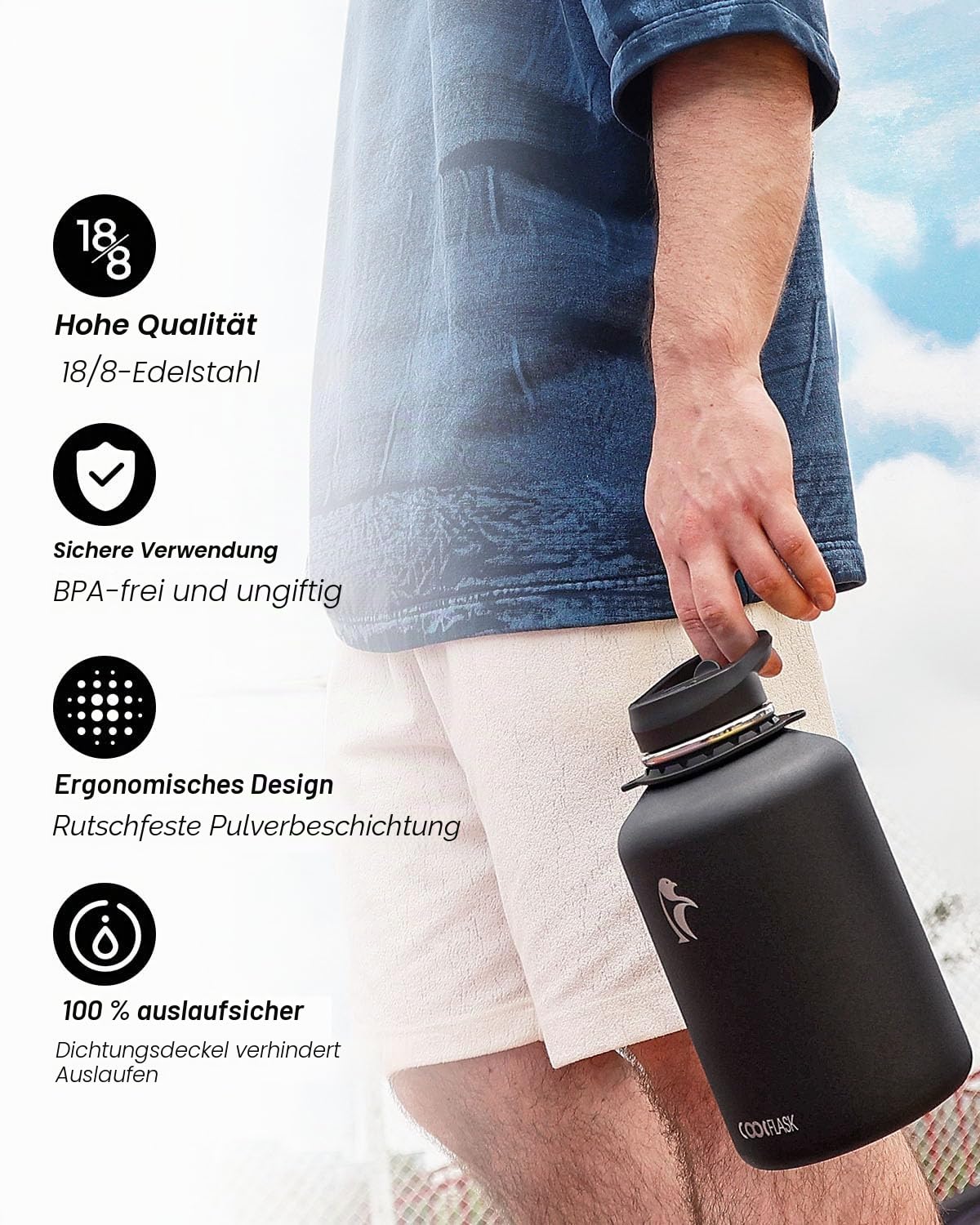 Coolflask Isolierte Wasserflasche 1893 ml mit Riemen, Wasserkrug aus Edelstahl mit Strohhalm und Ausgussdeckel, Große Wasserflasche aus Metall, Auslaufsicher und BPA-frei, Schwarz