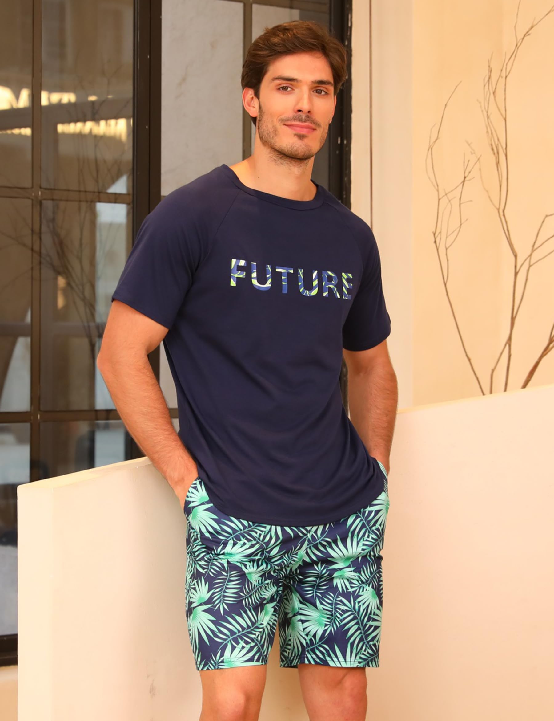 Nieery Pijamas Hombre Verano Conjunto Manga Corta Camiseta Cuello Redondo Pantalones Cortos Camuflaje con Bolsillos S-3XL