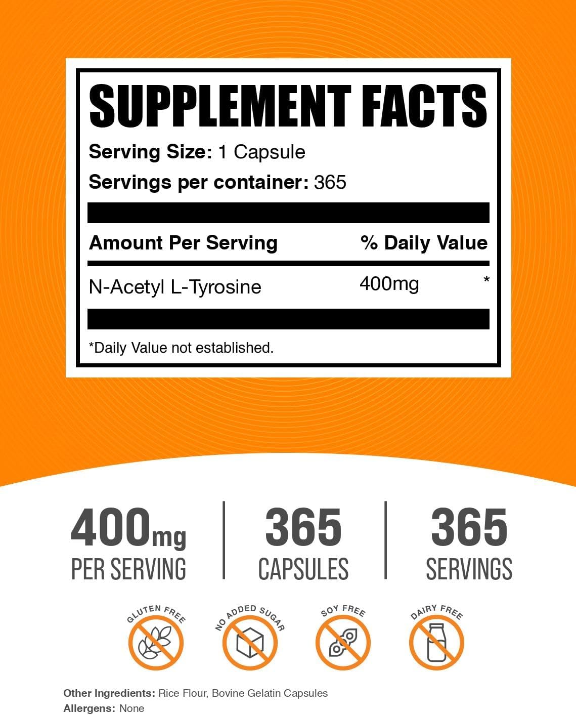 BulkSupplements.com N-Acetyl L-Tyrosine Capsules - Tyrosine Supplement, NALT Capsules, Amino Acid Supplement - Gluten Free, 1 Capsule per Serving, 365 Count (Pack of 1)