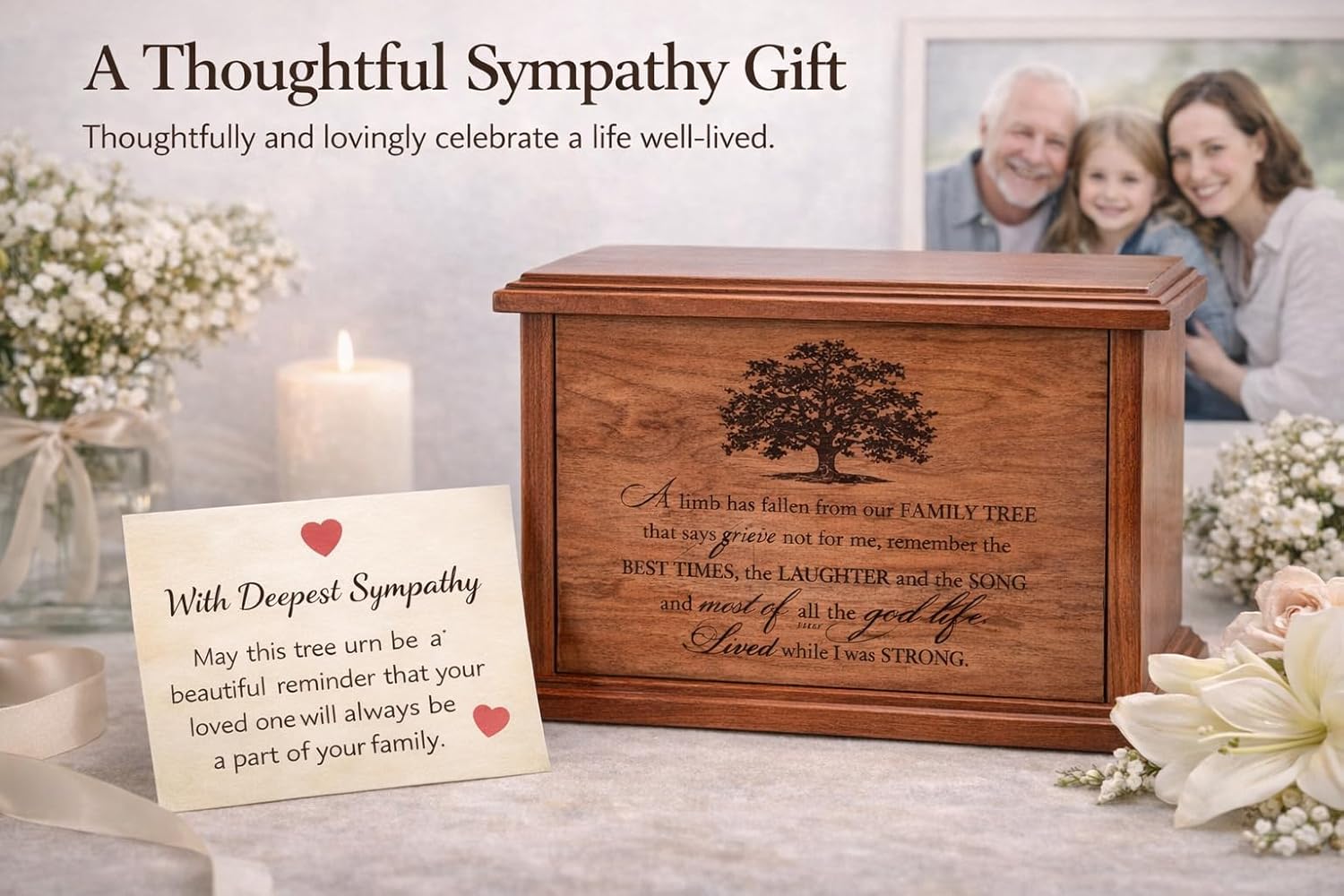 LifeSong Milestones Cremation Urn for Ashes - Adult Male & Female, Large Wood Urn for Human Ashes - 'A Limb Has Fallen From Our Family Tree'