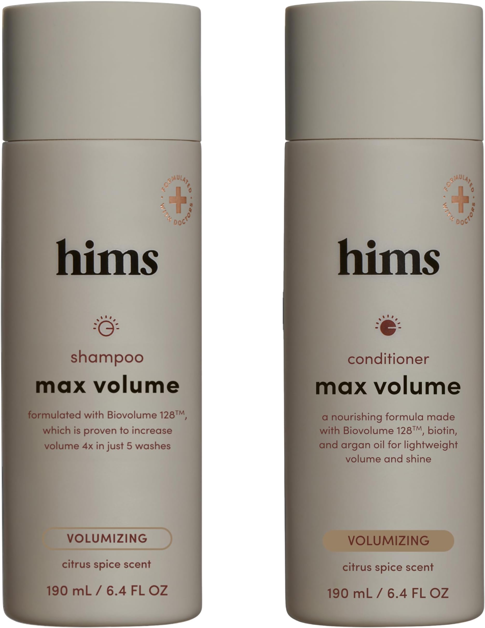 hims Max Volume Shampoo & Conditioner Set - Biovolume 128, Biotin, & Argan Oil - Root Lift & Moisturizing for Fine Hair - Sulfate-Free, Paraben-Free, Vegan - Citrus Spice Scent - 6.4 Fl Oz Each